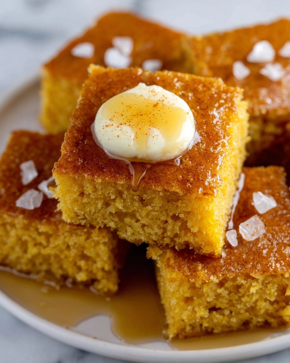 A close-up view of a square piece of moist cornbread with a golden brown top layer, showing a slightly crumbly texture at the edges. On top of the cornbread is a thick, melting pat of pale yellow butter sprinkled with a light dusting of spice, sitting smoothly in the center. Surrounding the butter, warm amber syrup glistens as it slowly drips down the sides, adding shine and moisture. Around this main piece, other similarly sized cornbread squares are placed on a white plate, each topped with a small sprinkle of coarse salt crystals. The background is a white marbled texture, giving a clean and bright look. photo taken with an iphone --ar 4:5 --v 7