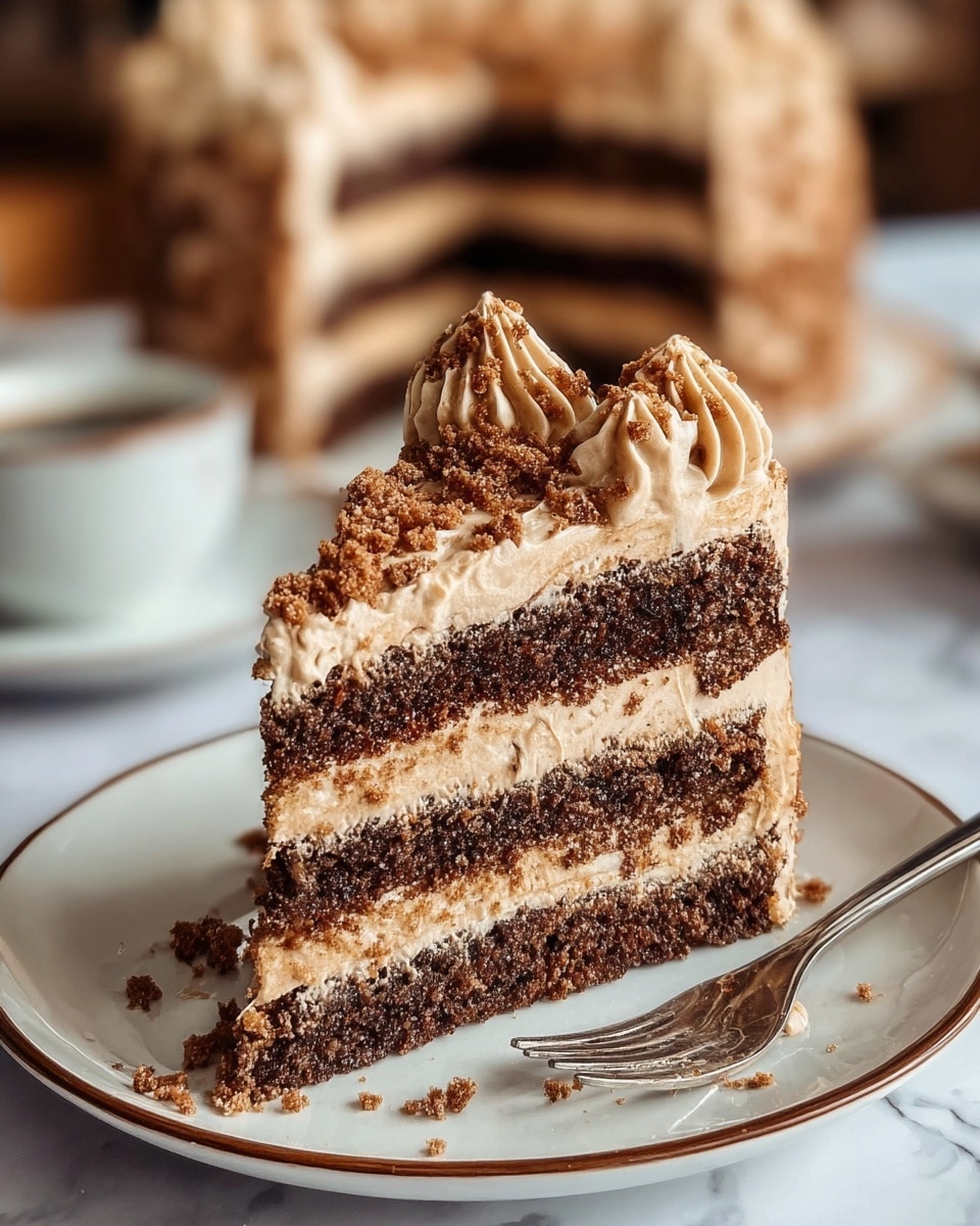 A close-up of a slice of three-layer chocolate cake on a white plate with a thin brown rim, sitting on a white marbled surface. The cake has three dark brown chocolate sponge layers separated by light brown creamy frosting. The top layer is covered with the same light brown frosting, decorated with thick swirls of frosting and crumbled cake bits sprinkled over them. Crumbs are scattered around the slice, and there is a silver fork beside it. In the blurred background, the full cake with similar frosting and layers is visible. photo taken with an iphone --ar 4:5 --v 7