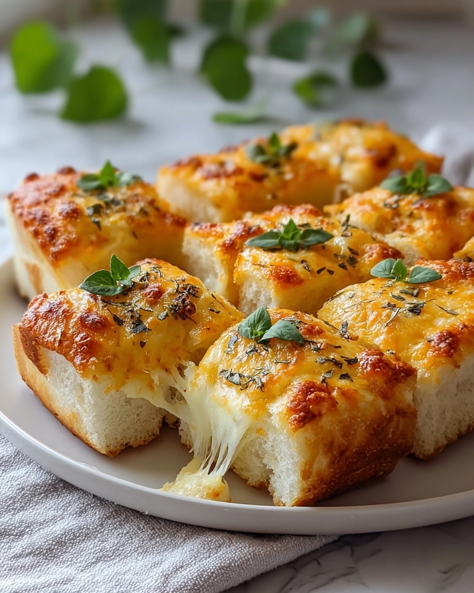 The image shows nine square pieces of cheesy bread on a white plate. Each piece has a thick, soft white bread base with a golden-brown crust at the bottom and a thick layer of melted, bubbly orange cheese on top, sprinkled with green herbs. Small fresh green leaves are placed on top of each piece for garnish. One piece at the front right corner has melted cheese oozing down the side, showing its gooey texture. The plate is set on a light-colored fabric with a white marbled surface in the background, blurred with some green leaves. photo taken with an iphone --ar 4:5 --v 7