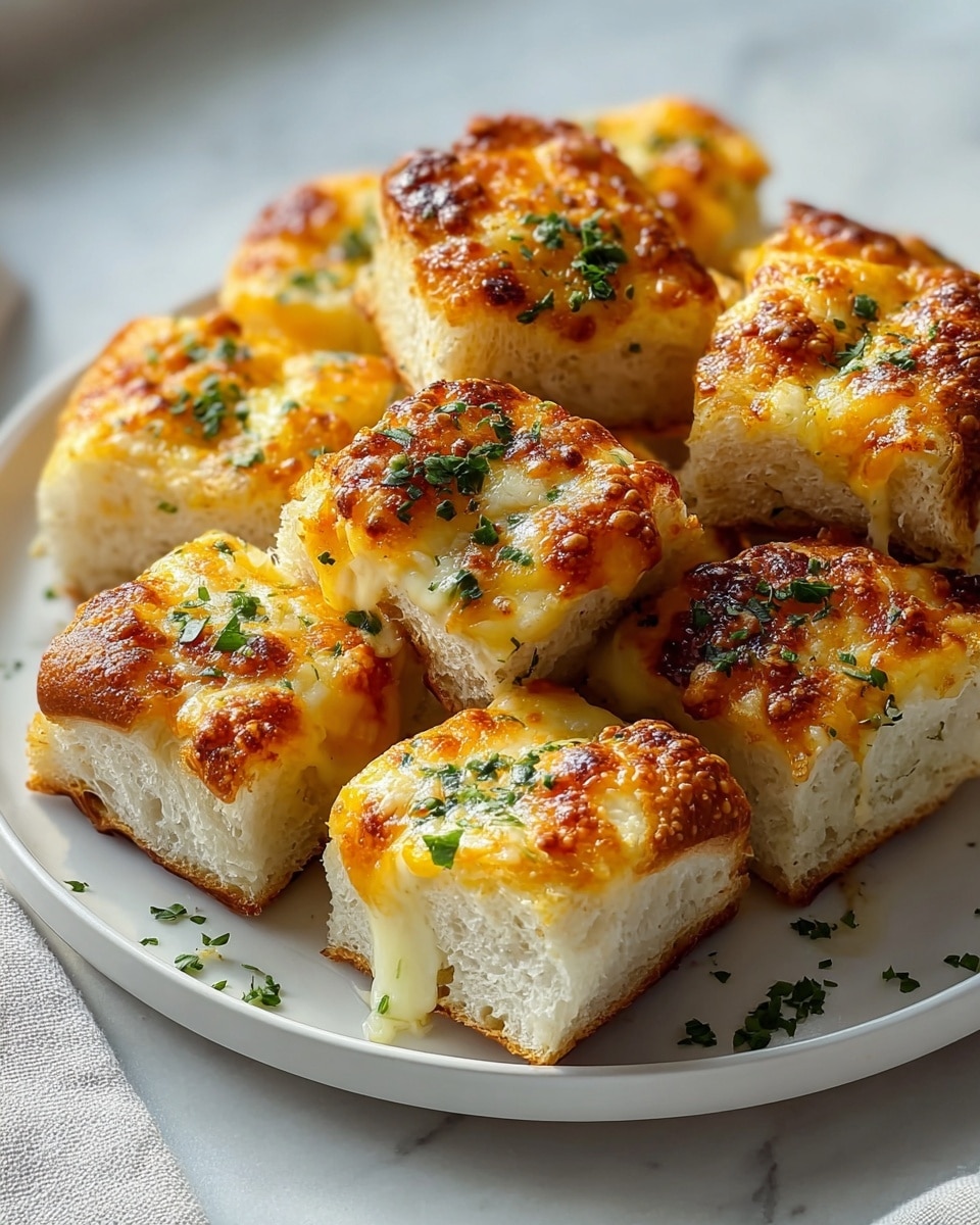 A white round plate holds nine square bread pieces arranged close together. Each piece has a thick base of soft, white bread with a slightly crusty brown edge. On top, there is a golden melted cheese layer that is bubbly and browned in spots. Some cheese is slightly dripping down the sides. Fresh green herbs are sprinkled on each cheese top, adding a fresh touch. The plate sits on a white marbled surface with a soft natural light shining on the bread. Photo taken with an iphone --ar 4:5 --v 7
