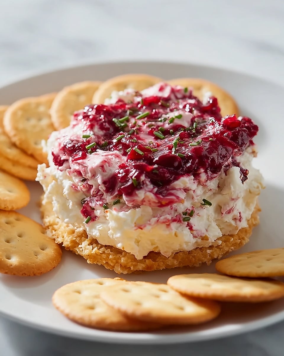 A white plate holds a stack with two main layers: the bottom layer is a round, golden-brown cracker with a crunchy texture, topped by a thick layer of creamy white cheese spread mixed with bright red berry jam that forms the second layer, showing a marbled effect of red and white with small green herb bits scattered on top. Around the stack, there are several plain golden crackers arranged in a semicircle. The entire scene is set on a white marbled surface with soft natural light. photo taken with an iphone --ar 4:5 --v 7
