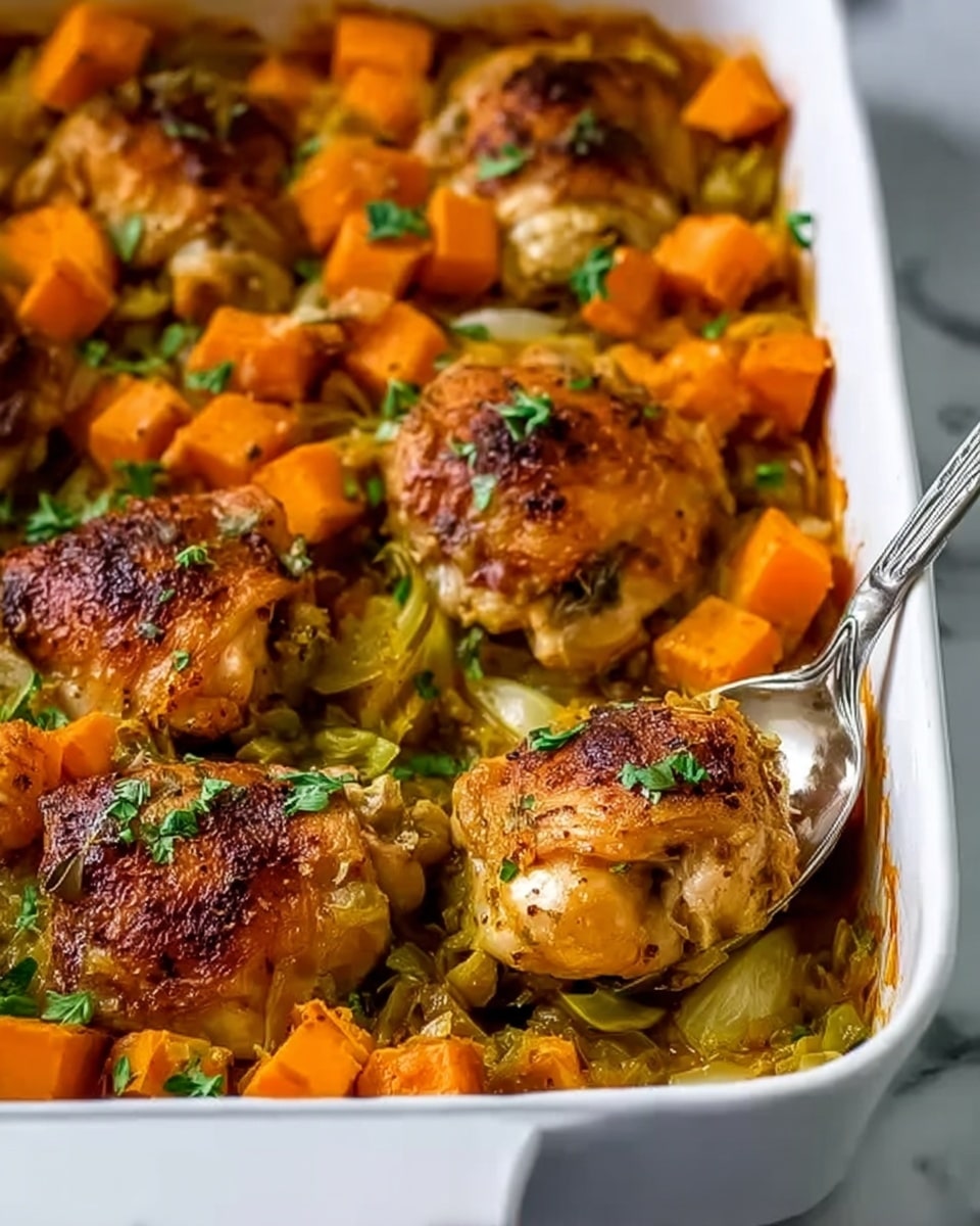 A white rectangular dish filled with a golden brown baked chicken and vegetable casserole, showing several browned chicken thighs on top, surrounded by cubes of soft orange sweet potatoes and a mix of light green and translucent cooked vegetables, possibly onions and celery. The dish is garnished with small green herbs scattered evenly across the surface, and a silver spoon scoops a portion from the middle, revealing a textured layer of tender cooked vegetables beneath the chicken. The scene is set on a white marbled surface. photo taken with an iphone --ar 4:5 --v 7
