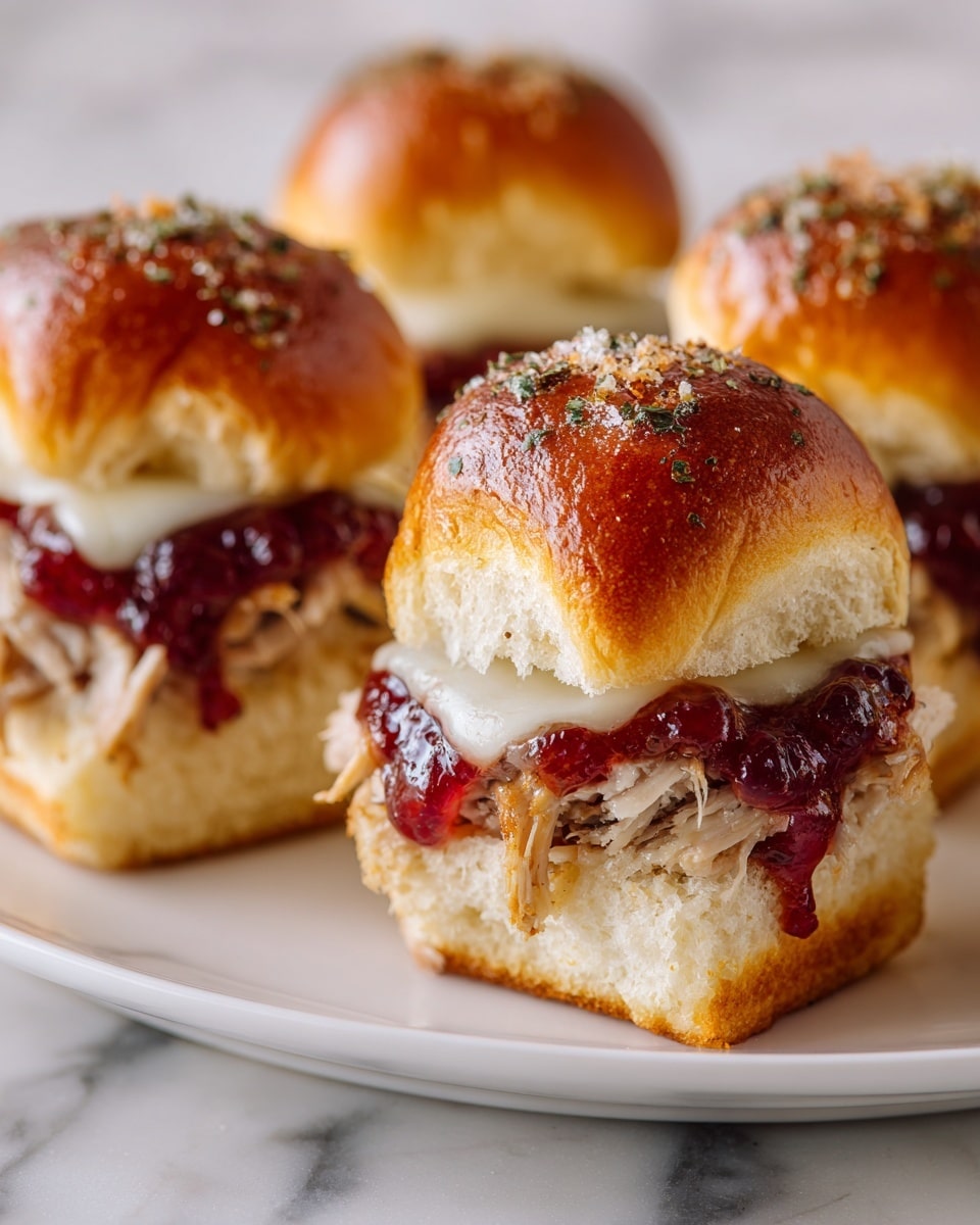 A close-up view of four small sandwich sliders on a white plate, each slider having three visible layers: the bottom layer is a soft, golden-baked bun with a slightly crispy edge; the middle layer shows shredded light brown turkey meat topped with a thick, glossy red cranberry sauce that drips slightly down the sides; above this is a slice of melted white cheese that envelops the meat and sauce; finally, the top bun is a shiny, golden-brown glaze sprinkled with coarse salt, black pepper, and green herb bits, giving a textured and appetizing finish. The background is a white marbled texture. Photo taken with an iphone --ar 4:5 --v 7