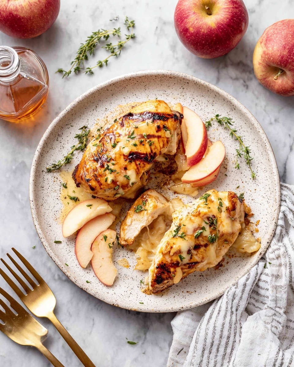 The dish shows two grilled chicken breasts on a white speckled plate, each topped with a golden-brown melted cheese layer that has herbs sprinkled on top. Underneath the chicken, there are thin slices of red-skinned apples fanned out in a layer, adding a light pink and cream contrast. A small golden fork is placed at the bottom right of the plate, with a piece of chicken and apple lifted by the fork. Around the plate on a white marbled surface, there is a small clear bottle of syrup, two whole red apples, some scattered green herb sprigs, and two gold forks at the bottom left. A striped white cloth napkin is folded on the right side. photo taken with an iphone --ar 4:5 --v 7
