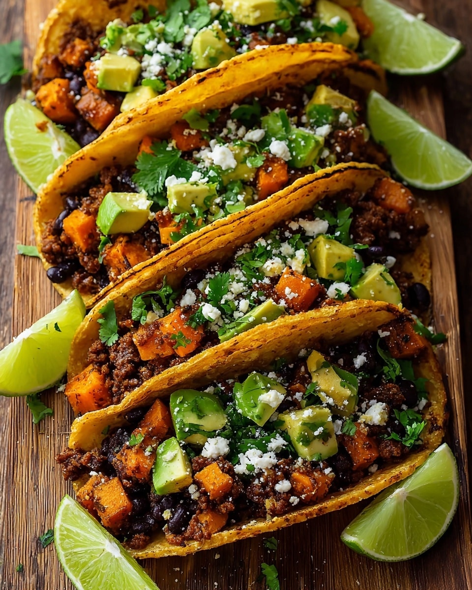 Three soft corn tortillas, each folded into a taco shape, rest side by side on a wooden surface. Inside each tortilla are layers of rich, crumbly, dark-brown seasoned ground meat mixed with small black beans, and bright orange cubed roasted sweet potatoes. On top, there are chunks of green avocado, white crumbly cheese scattered throughout, and fresh green cilantro leaves adding vibrant color and texture. Around the tacos, there are wedge slices of fresh green lime. The overall look is warm, colorful, and fresh. Photo taken with an iphone --ar 4:5 --v 7