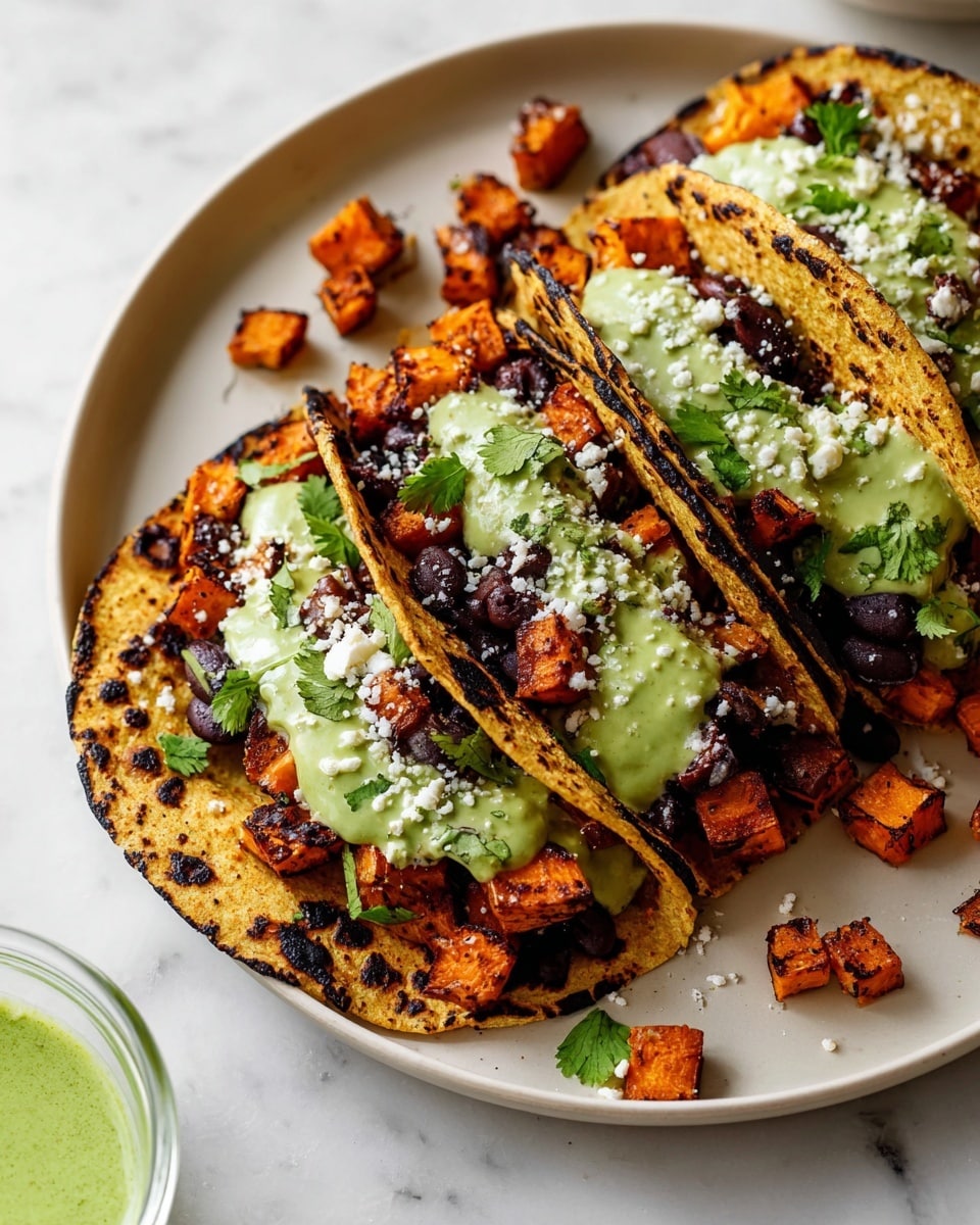 Three tacos with three layers each rest on a white plate set on a white marbled surface. The first layer is a grilled corn tortilla with dark char marks. The second layer is a mix of orange roasted sweet potato cubes and black beans, giving a mix of rough, chunky texture and darker spots. The third layer is a creamy green sauce dolloped over the vegetables and sprinkled with white crumbly cheese and bright green cilantro leaves. Small pieces of roasted sweet potato are scattered on the plate, and a glass bowl of extra green sauce is partially visible in the lower left corner. Photo taken with an iphone --ar 4:5 --v 7