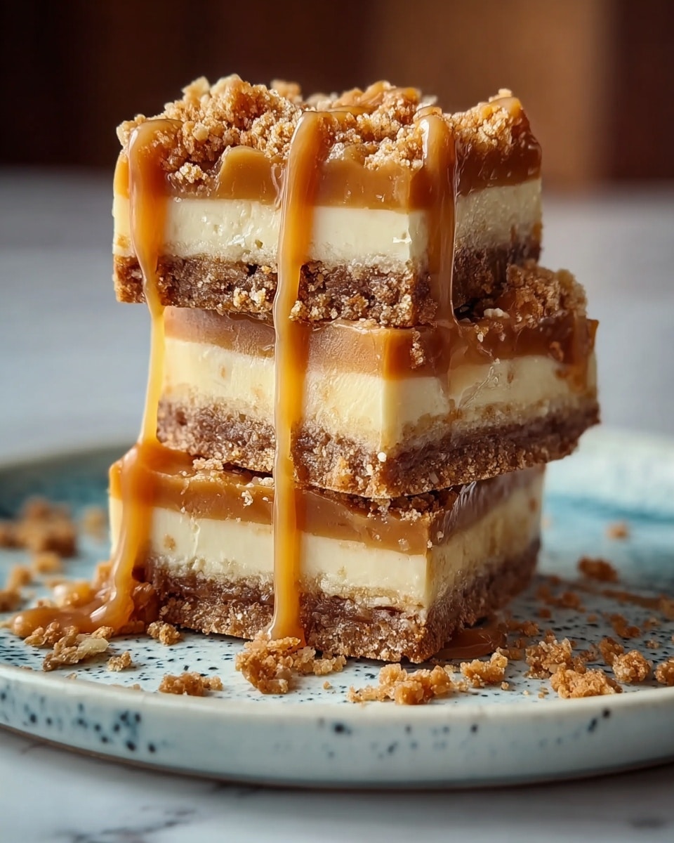 The image shows three thick dessert bars stacked on a white plate with a blue speckled design, placed on a white marbled surface. Each bar has three clear layers: a bottom crumbly brown crust, a middle creamy light beige layer, and a top smooth caramel layer that is golden brown. The top layer is decorated with crumbly bits and has caramel sauce dripping down the sides. Crumbs are scattered around the plate, giving a textured feel. photo taken with an iphone --ar 4:5 --v 7