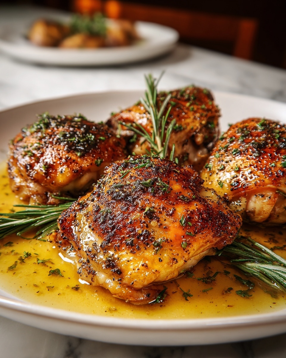 A close-up of four roasted chicken thighs with crispy, golden-brown skin, covered with black pepper and chopped green herbs, sitting in a shallow pool of glossy, golden-yellow sauce on a white plate. Three green rosemary sprigs lay on top and around the chicken, adding texture and color contrast. The plate is on a white marbled surface with a blurred background showing another white plate with more chicken. The whole scene is warmly lit, emphasizing the juicy and tender texture of the chicken. photo taken with an iphone --ar 4:5 --v 7