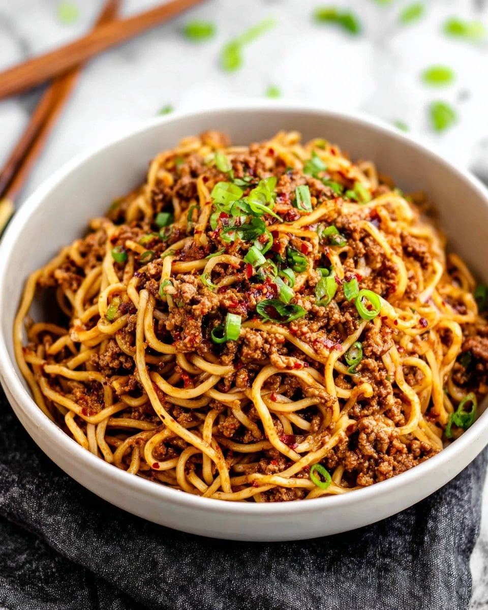 A bowl filled with a large serving of noodles mixed with ground meat, tossed with red chili flakes and finely chopped green onions scattered on top and throughout the dish, giving a mix of light tan, dark brown, and vibrant green colors. The noodles are tangled and soft-looking, covering the bowl completely with pieces of meat and seasoning visible between strands. The bowl is white and placed on a white marbled surface with some chopped green onions scattered around it, and a pair of wooden chopsticks is blurred in the background. Photo taken with an iphone --ar 4:5 --v 7