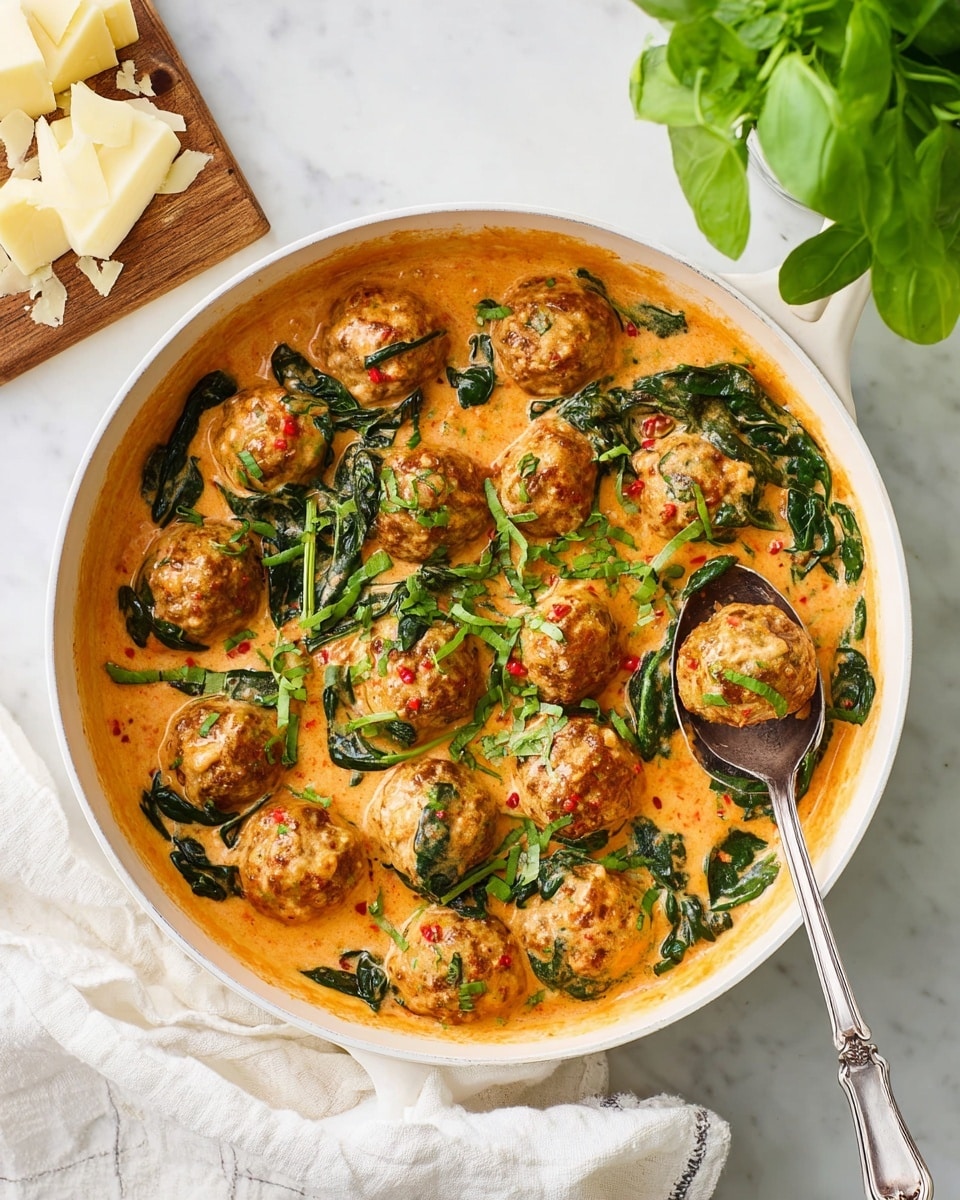 In a white pan, there are many round meatballs covered in a rich, creamy orange sauce with small red specks. The meatballs are mixed with sautéed dark green spinach leaves, and fresh chopped green herbs are sprinkled on top. A silver spoon is partially submerged on the right side of the pan, lifting a few meatballs and spinach. The pan is placed on a white marbled surface, with a white cloth nearby and a small wooden board holding pale yellow cheese pieces on the left. A fresh green leafy herb sits in the top right corner. photo taken with an iphone --ar 4:5 --v 7