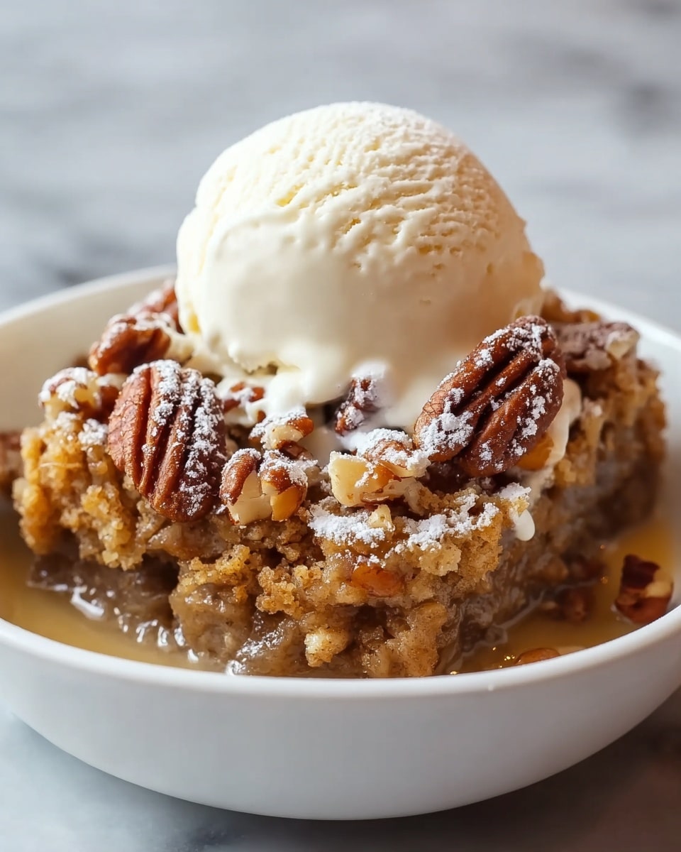 A white bowl holds a layered dessert starting with a bottom layer of moist, light brown filling visible at the sides, topped by a rough textured golden crumb layer mixed with whole pecan nuts that have a shiny, rich brown color. On top of this is a scoop of smooth, creamy white ice cream dusted lightly with powdered sugar, which also covers parts of the pecans and crumb layer. The dessert sits against a soft, out-of-focus white marbled surface. photo taken with an iphone --ar 4:5 --v 7