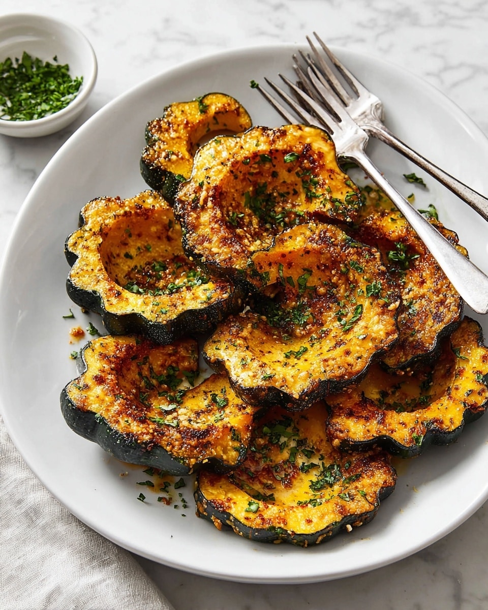 The image shows a white oval plate filled with several pieces of roasted acorn squash, each piece having two layers: a dark green outer skin and a soft, orange-yellow inner flesh. The squash slices are topped with a golden-brown, slightly crispy layer of melted cheese and seasoning, sprinkled with small bits of fresh green herbs. Two silver forks rest on the top right side of the plate. In the background, there is a small white bowl filled with chopped green herbs, all placed on a white marbled surface. photo taken with an iphone --ar 4:5 --v 7