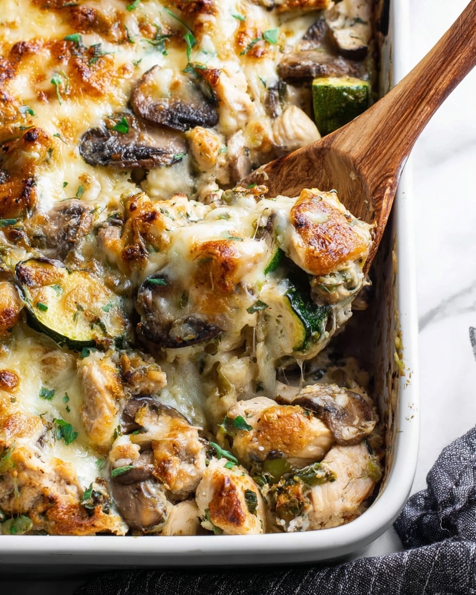 This image shows a close-up of a baked dish in a white baking tray. The dish has one main layer filled with chunks of cooked chicken, sliced mushrooms, and slices of green zucchini, all mixed together and covered with melted golden cheese that has some browned spots on top. Small bits of green herbs are sprinkled across the cheesy layer. A wooden spoon is lifting a portion of the dish on the right side, showing the thick, gooey texture of the cheese and the mixed ingredients underneath. The tray sits on a white marbled surface, and a dark gray cloth is partially visible near the bottom right corner. Photo taken with an iphone --ar 4:5 --v 7