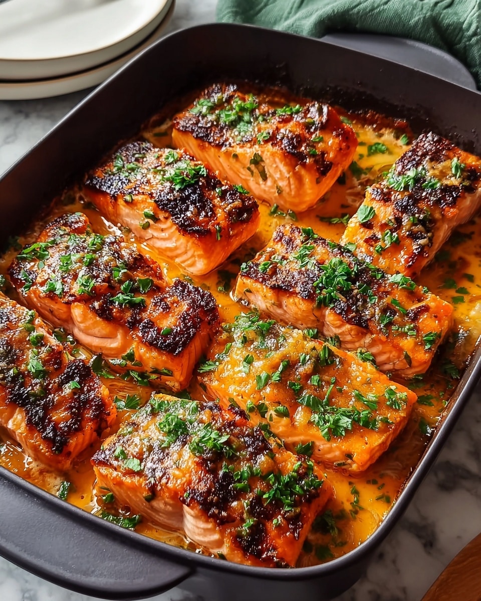 A black baking dish filled with several thick, square salmon pieces that are charred with a golden-brown crust on top, covered in a glossy orange sauce, and sprinkled with chopped green herbs. The salmon pieces are arranged closely, with layers showing the tender pink flesh beneath the crispy surface. The dish sits on a white marbled surface, with part of a white plate and a green cloth visible in the background. photo taken with an iphone --ar 4:5 --v 7