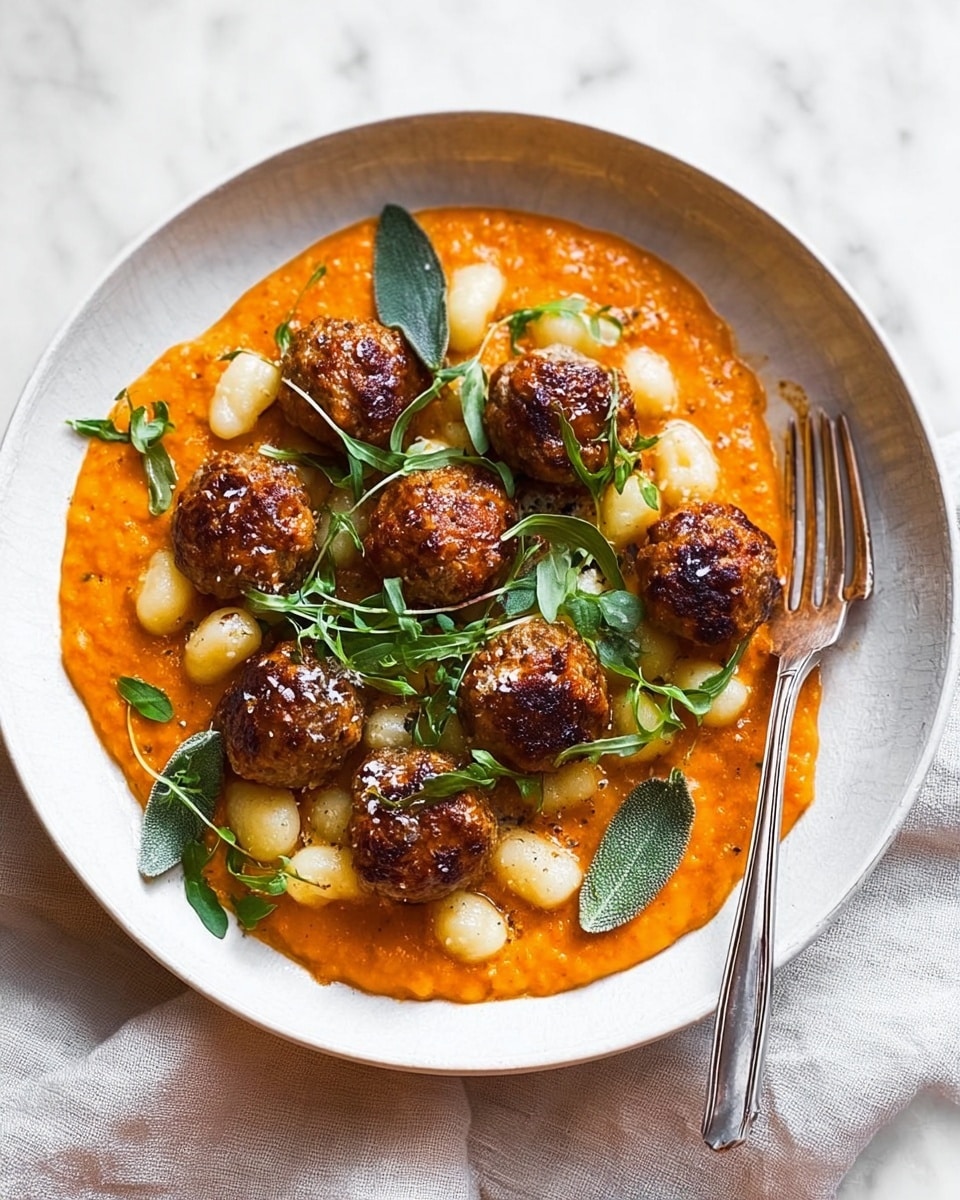 This dish is served in a deep white bowl on a white marbled surface, layered with a base of chunky orange sauce that looks smooth and creamy, topped with small, white gnocchi pieces scattered across the sauce. On top of the gnocchi, there are seven browned meatballs arranged closely together, each with a slightly crispy texture. The dish is garnished with fresh green herb leaves scattered over the meatballs and sauce. A silver fork rests on the right edge of the bowl. photo taken with an iphone --ar 4:5 --v 7