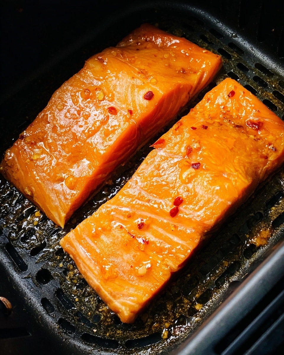Two shiny orange salmon fillets are cooking inside a black air fryer basket. Each fillet has a smooth, slightly oily surface with small red seasoning bits and a few golden-brown cooked spots on top. The fillets are thick and lie flat side by side on the mesh tray, which has small openings and some oil glistening around them. The air fryer basket edges are visible, showing dark metal with small screws. The light reflects off the salmon skin, making it look fresh and moist. Photo taken with an iphone --ar 4:5 --v 7