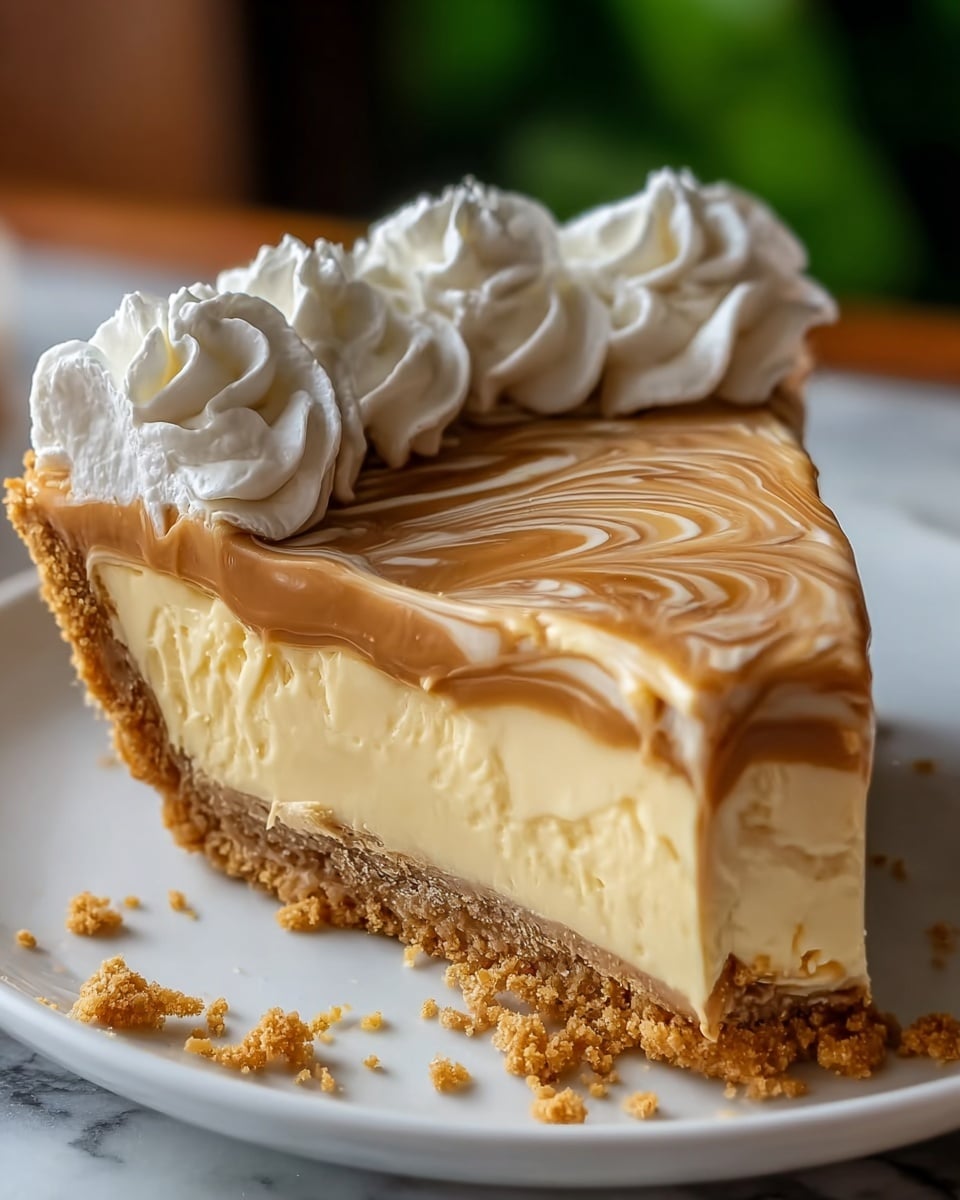 A close-up slice of a creamy pie on a white plate, showing about four layers: a crumbly golden brown crust at the bottom with some crumbs scattered on the plate, a thick, smooth off-white filling above it, topped by a glossy light brown caramel-like layer with gentle swirling patterns, and dollops of white whipped cream piped along the edge of the slice. The white plate rests on a wooden surface with a blurred green background behind it, and the photo is clear and detailed. photo taken with an iphone --ar 4:5 --v 7
