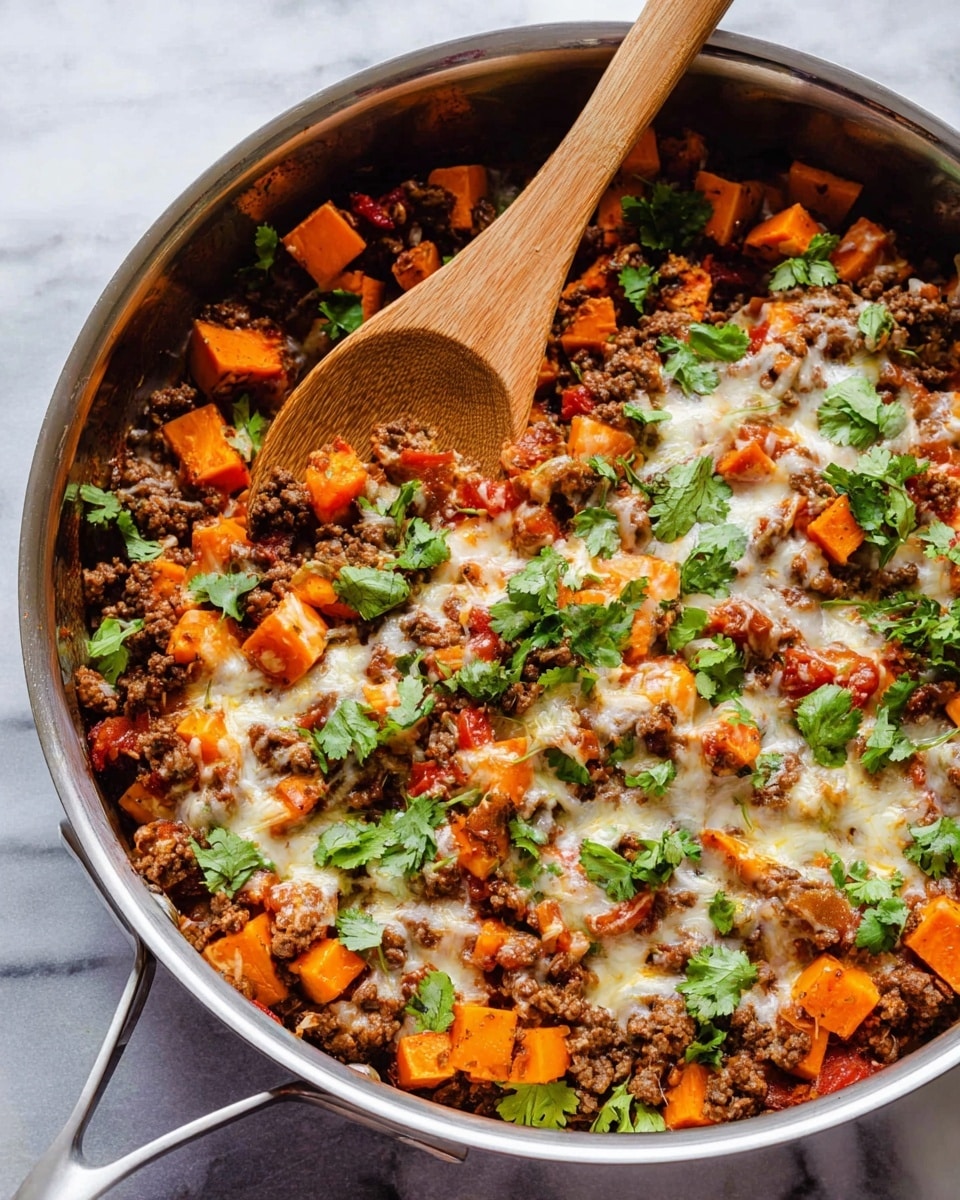 A close-up view of a stainless steel pan filled with a cooked dish made of several layers: the base layer consists of browned ground beef mixed with small pieces of cooked onions and tomatoes, spread evenly throughout; on top are scattered orange sweet potato cubes that add bright color and texture; melted cheese is drizzled across the dish in thin, creamy white and yellow strands, blending with the meat and vegetables; fresh green cilantro leaves are sprinkled over the top as a garnish, adding pops of green; a light brown wooden spoon rests inside the pan on the upper left side. The pan sits on a white marbled surface. Photo taken with an iphone --ar 4:5 --v 7