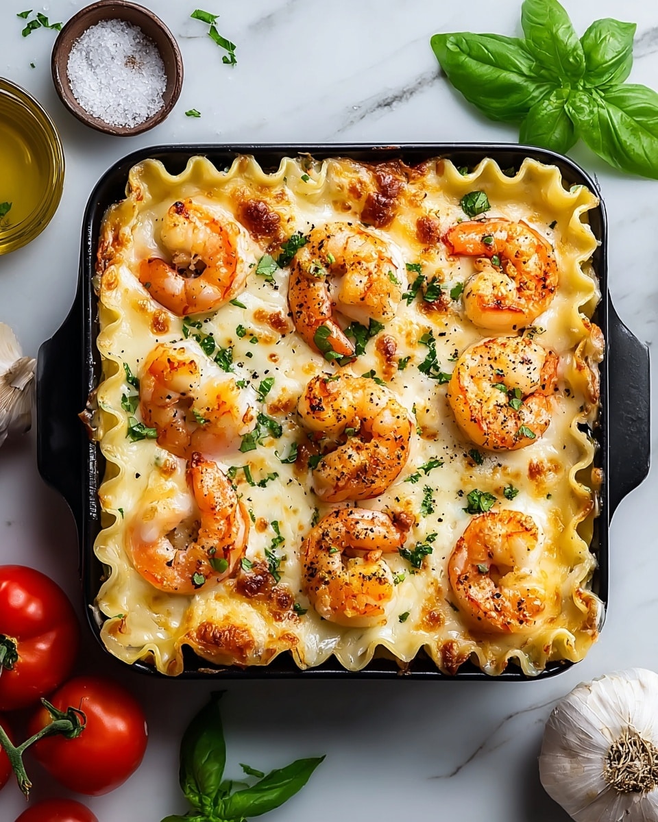 A black square baking dish holds a creamy shrimp lasagna. The lasagna has three layers of wavy, light golden pasta sheets visible at the edges. Between the pasta layers, a melted, pale yellow cheesy sauce with hints of herbs can be seen. On top, a layer of bubbly, golden-brown cheese covers the surface. Twelve bright orange cooked shrimp with slight grill marks are evenly placed on the cheese layer, sprinkled with green chopped parsley and black pepper. The dish sits on a white marbled texture background with a small bowl of salt, fresh green basil leaves, garlic, and red tomatoes placed around it. photo taken with an iphone --ar 4:5 --v 7