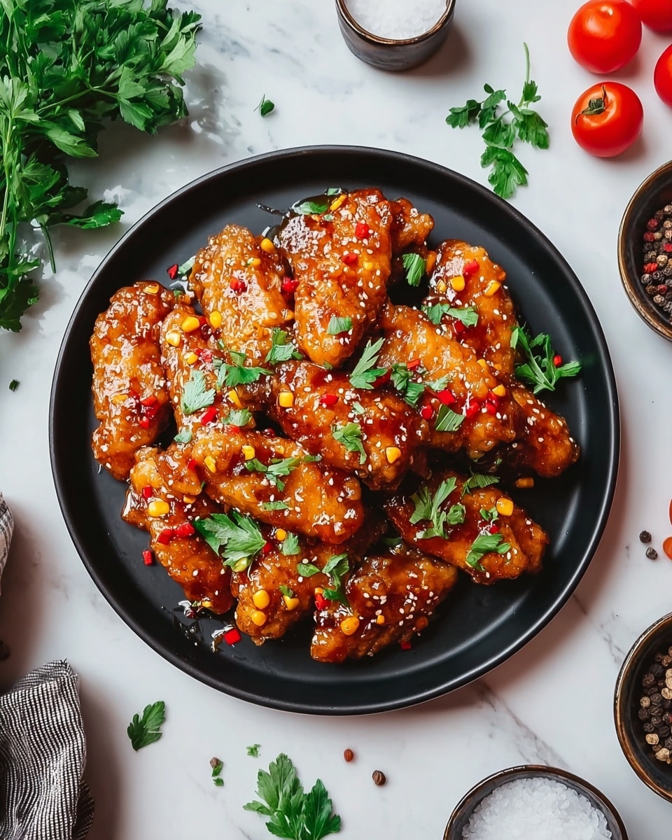A black round plate holds about twelve pieces of glazed chicken wings arranged in layers. The chicken wings are covered in a shiny, sticky brown sauce mixed with small yellow corn kernels and red bell pepper bits. Fresh green parsley leaves are scattered on top, adding color contrast. The plate sits on a white marbled surface, with a few parsley sprigs, black peppercorns, and bowls of cherry tomatoes and coarse salt placed around it. photo taken with an iphone --ar 4:5 --v 7