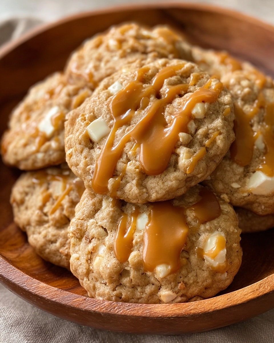 A close-up of a wooden bowl filled with soft, chunky cookies. Each cookie has a light golden-brown color with visible pieces of white chunks mixed inside, likely white chocolate or apple. A thick, glossy caramel sauce is drizzled unevenly across the top of the cookies in smooth, flowing lines, adding a shiny texture and a rich amber color contrast. The cookies are stacked slightly on each other, showing their round, slightly uneven shapes and rough texture. photo taken with an iphone --ar 4:5 --v 7