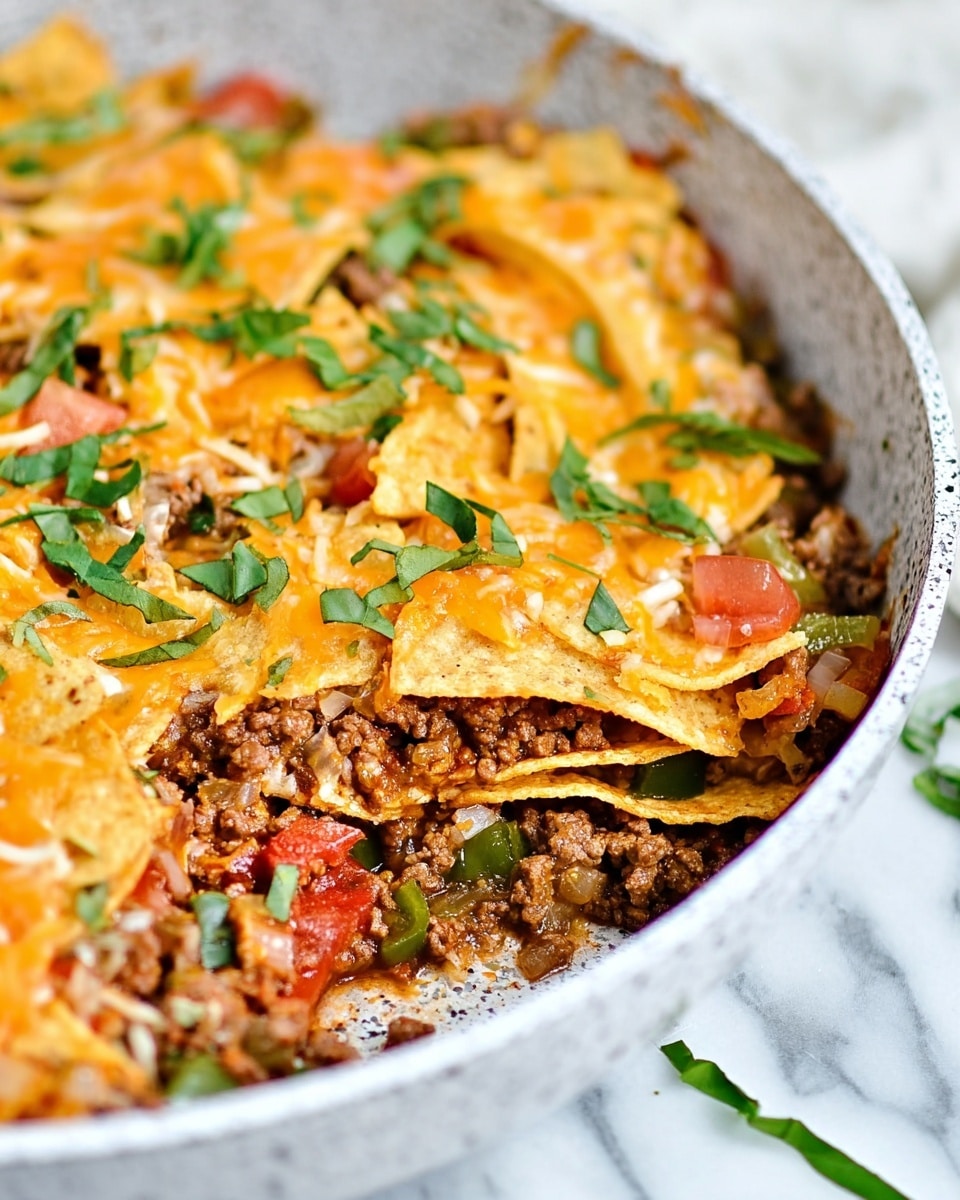 A close-up view of a white speckled pan filled with layered taco casserole showing about four layers; the bottom layer is a mix of cooked ground beef with small pieces of green bell pepper, onions, and diced tomatoes, above that are scattered nacho chips partially covered with melted orange and white shredded cheese, and the dish is topped with small fresh green herb leaves for garnish. The background is a white marbled texture. Photo taken with an iphone --ar 4:5 --v 7