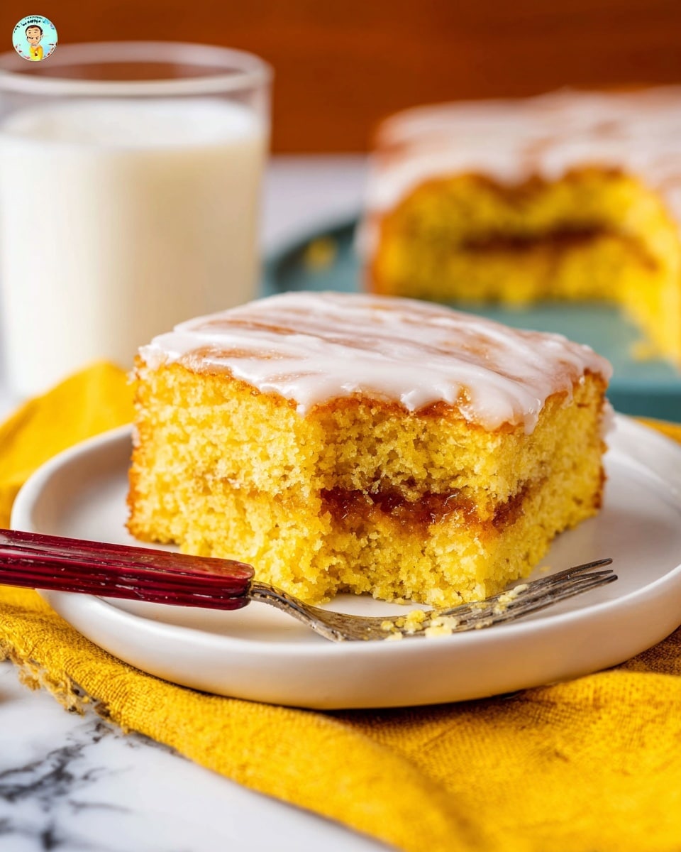 A square slice of moist yellow cake with a shiny white glaze covering the top layer sits on a white plate. The cake has two thick layers with a darker, sticky filling in the middle. A piece has been cut out and held by a woman's hand holding a silver fork with a dark red handle near the front left side of the plate. In the background, there is a glass of milk and another slice of the cake on a white plate, all placed on a yellow cloth over a white marbled surface. photo taken with an iphone --ar 4:5 --v 7
