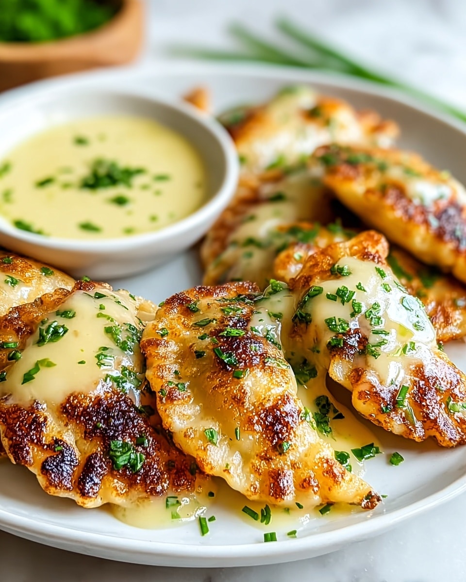 The image shows a white plate filled with several golden brown fried pierogies that have a crispy, slightly charred outer layer. Each pierogi is topped with a creamy, light yellow sauce and sprinkled with fresh green chopped herbs. In the background, there is a small white bowl filled with more creamy sauce, garnished with green herbs. The plate is placed on a white marbled textured surface, creating a clean and bright setting. Photo taken with an iphone --ar 4:5 --v 7