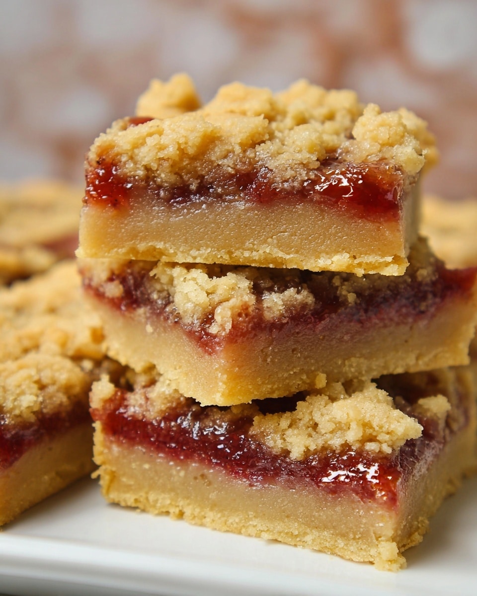 The image shows a close-up of stacked dessert bars with three visible layers. The bottom layer is a thick, dense golden brown crust that looks soft and crumbly. Above this crust is a thin, shiny red jam layer that appears sticky and slightly translucent. The top layer is a crumbly, golden streusel topping with irregular small chunks and a rough texture. The bars are stacked unevenly on a white plate, and the background is a blurred white marbled texture with warm tones. photo taken with an iphone --ar 4:5 --v 7