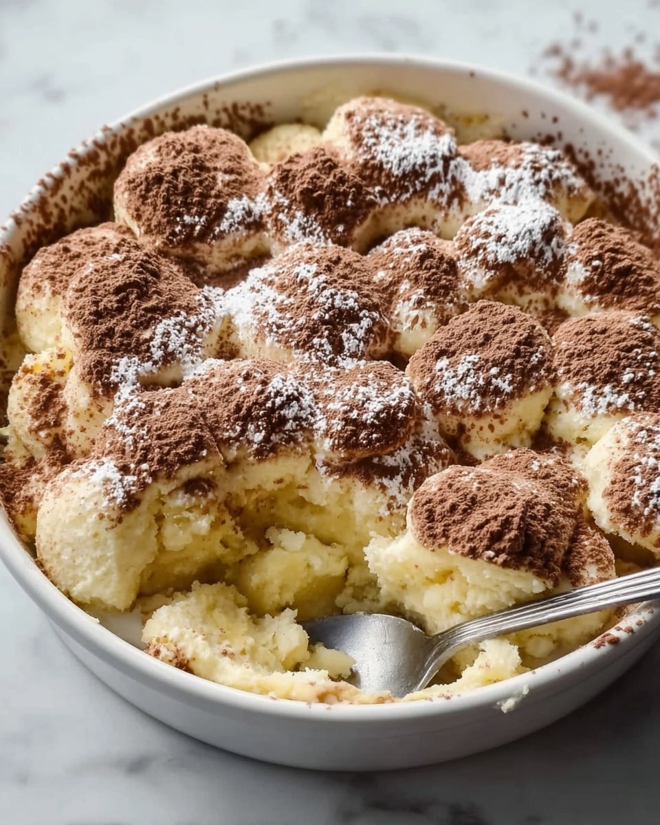 The image shows a round white bowl filled with a soft, fluffy dessert that appears to have three main layers: a light yellow, moist base that is partially scooped out, a thick crumbly top layer with uneven large dollops, all dusted with a layer of light brown cocoa powder and a sprinkle of white powdered sugar on top. The texture of the base looks creamy and smooth while the top is rough and puffy. A spoon is dipped into the dessert on the right side of the bowl. The bowl sits on a white marbled surface. photo taken with an iphone --ar 4:5 --v 7