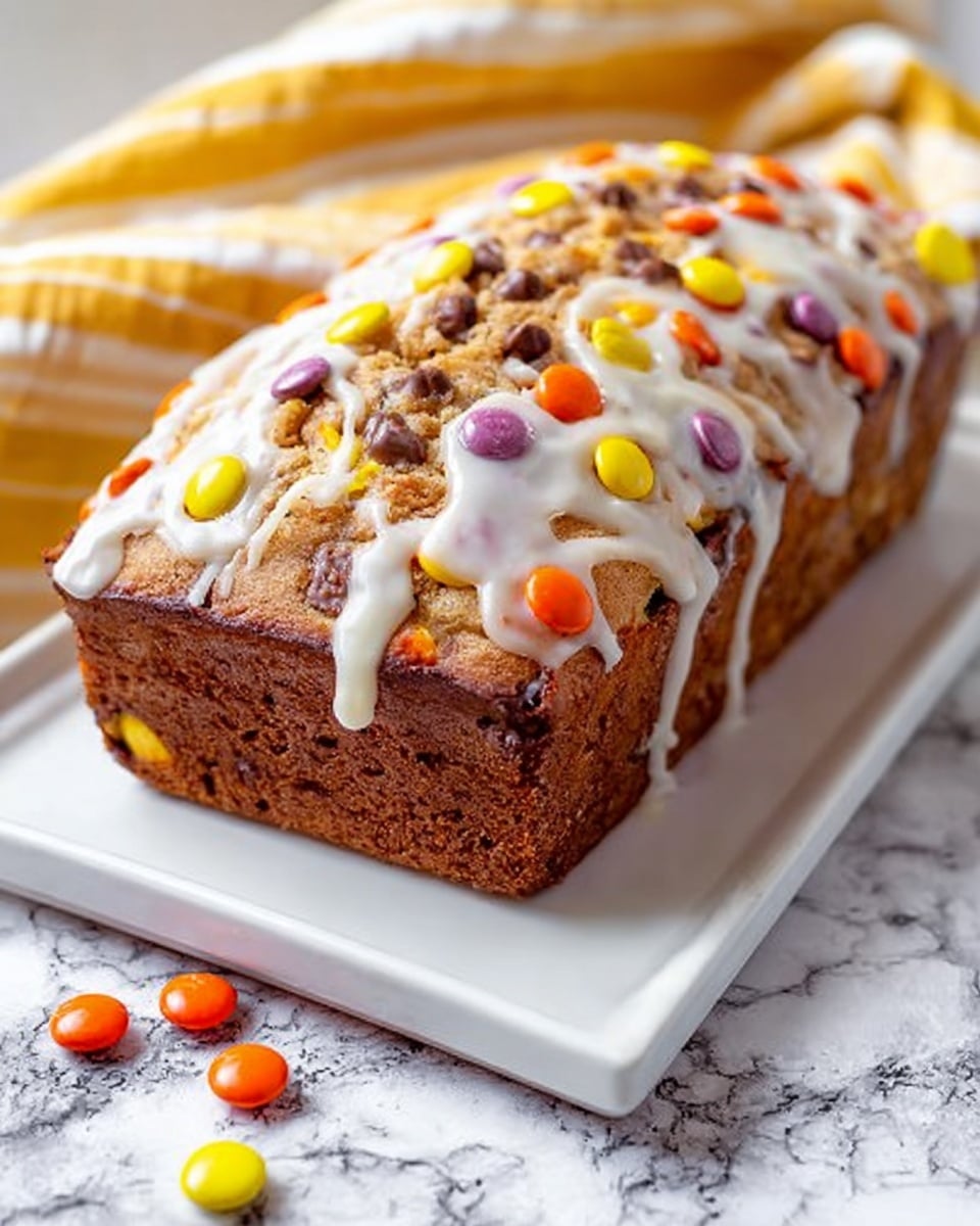A stack of three thick slices of colorful candy cookie bars sits on a piece of parchment paper on a white marbled surface. Each slice has visible layers of dough with bright orange, yellow, and purple candy pieces embedded in the crumbly texture. Behind the stack, there are more slices laid flat, and a glass bottle filled with milk is positioned to the left. In the background, whole yellow bananas rest on the white marbled surface. The lighting is natural, highlighting the rough texture of the cookie bars and the smooth milk bottle, photo taken with an iphone --ar 4:5 --v 7