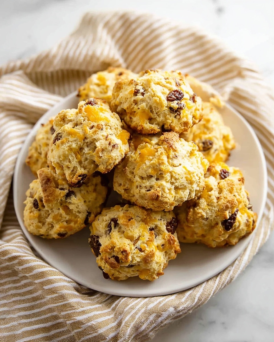 A white round plate filled with about ten rough, golden-brown drop biscuits that have a crumbly texture. The biscuits show bits of melted cheese with orange-yellow patches and small pieces of dark brown raisins scattered throughout each biscuit. The plate sits on a white marbled surface, partly covered by a beige and white striped cloth casually draped around it. The lighting is soft, highlighting the biscuits’ rough edges and the contrast between the chewy raisins and melted cheese. photo taken with an iphone --ar 4:5 --v 7