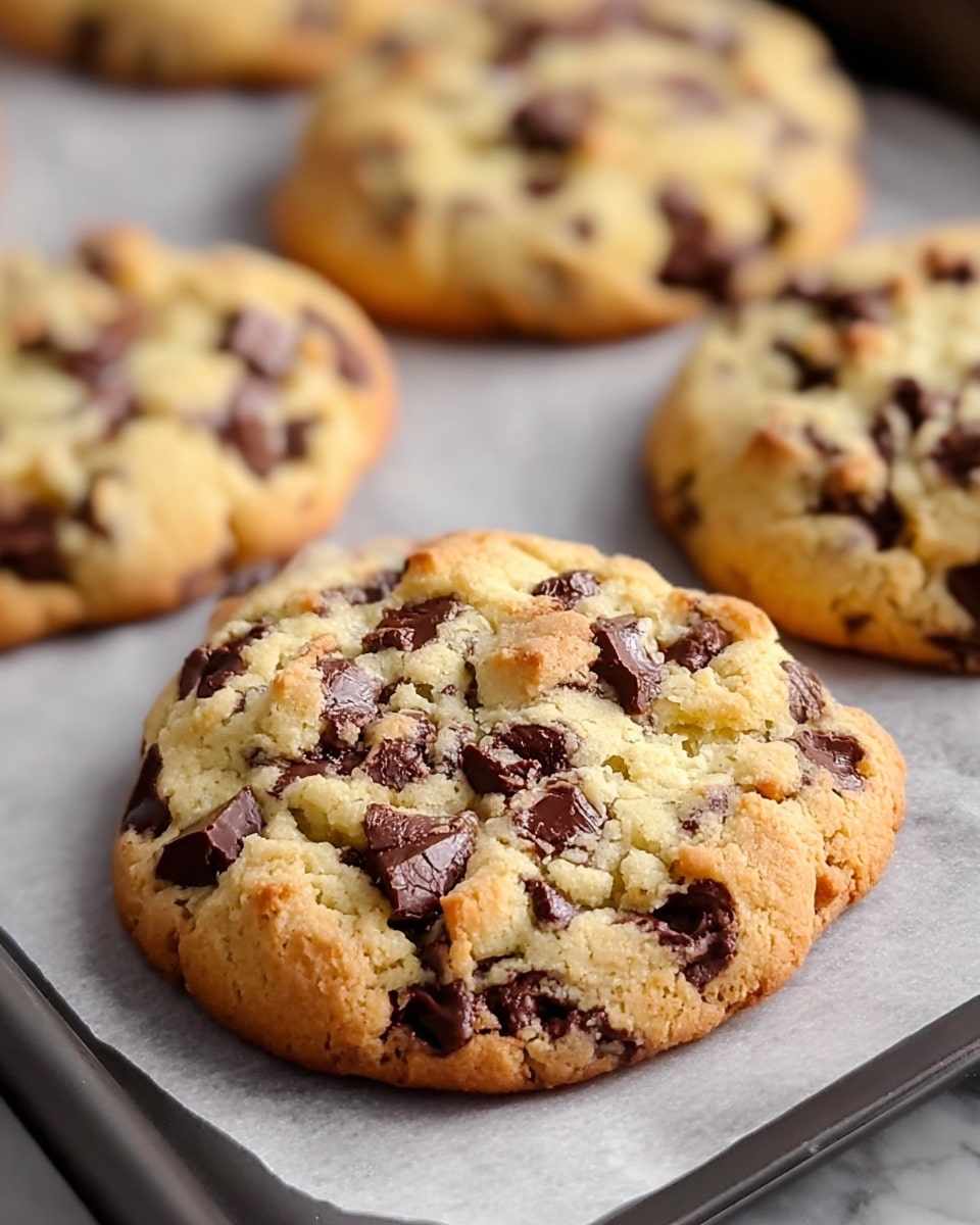A close-up view of four thick, soft chocolate chip cookies resting on white parchment paper that lines a dark baking tray, placed on a white marbled surface. Each cookie is round and slightly raised, with a light golden-brown edge and a pale, creamy dough center filled generously with dark chocolate chunks and chips that create uneven textures and pockets. The cookies have a slightly cracked top, showing a soft and chewy inside contrasted by the crispy outer rim. The focus is on the front cookie, making the background cookies appear softly blurred. Photo taken with an iphone --ar 4:5 --v 7