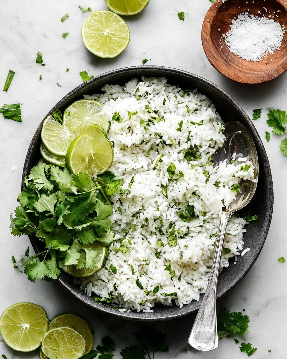 A round dark bowl filled with two main layers: a base layer of white rice mixed with small chopped green herbs evenly spread throughout, and a top layer of fresh green lime wedges and cilantro leaves clustered on one side. A silver spoon rests inside the bowl on the rice, angled towards the bottom left. The bowl sits on a white marbled surface scattered with a few whole and torn cilantro leaves, two lime wedges, and a small wooden bowl of coarse salt above the bowl. photo taken with an iphone --ar 4:5 --v 7