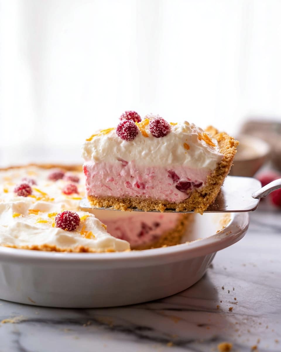 The image shows a slice of pie being lifted from a white pie dish with a woman’s hand holding a white pie server. The pie has three layers: a golden brown crumbly crust at the bottom, a thick pink creamy filling with visible bits of red fruit mixed inside, and a thick white fluffy topping layer crowned with sugared red berries and small orange zest pieces. The pie dish sits on a white marbled surface, and the whole scene is bright with soft natural light. photo taken with an iphone --ar 4:5 --v 7