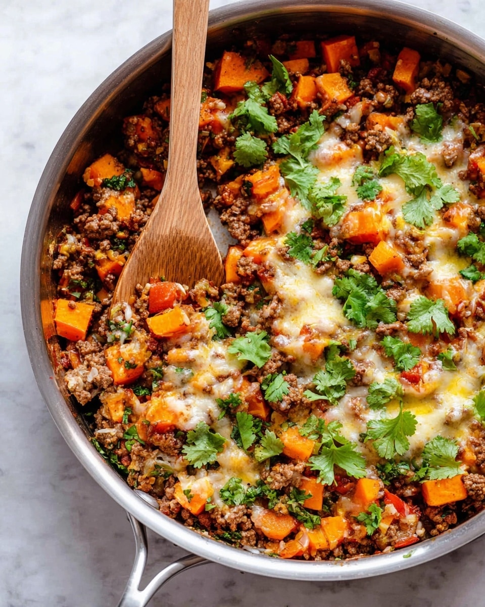 A close-up of a skillet filled with a layered dish showing small chunks of bright orange sweet potatoes spread evenly on top, mixed well with browned ground meat in tiny crumbly pieces beneath and between the sweet potatoes. Melted cheese is scattered across the top, appearing creamy and slightly golden with a few small green herbs sprinkled for color contrast. The skillet is sitting on a white marbled surface. Photo taken with an iphone --ar 4:5 --v 7