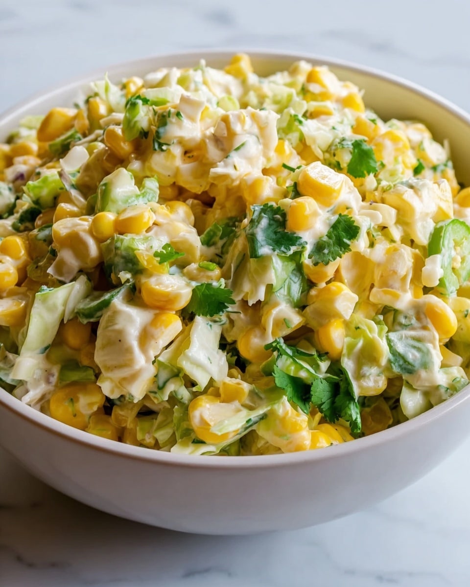 The image shows a creamy corn salad in a white bowl placed on a white marbled surface. The salad has three main layers mixed together: bright yellow corn kernels, small white cabbage pieces with a soft texture, and thin green slices of jalapeño peppers, all coated in a smooth, light-colored creamy dressing. Small bits of cilantro leaves are scattered throughout, adding little green pops. The ingredients appear fresh and finely chopped, giving the salad a chunky but well-blended look. Photo taken with an iphone --ar 4:5 --v 7