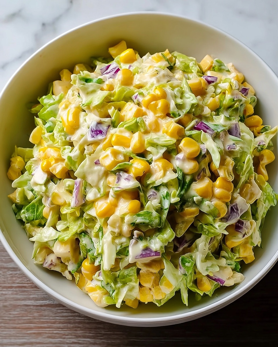 A white bowl filled with a mixed salad made of three main visible layers: bright yellow corn kernels scattered throughout, finely shredded green cabbage leaves, and small pieces of purple onion mixed evenly, all coated in a creamy, pale yellow dressing giving a soft texture. The salad looks fresh with vibrant colors against the simple white bowl, all placed on a white marbled surface. photo taken with an iphone --ar 4:5 --v 7