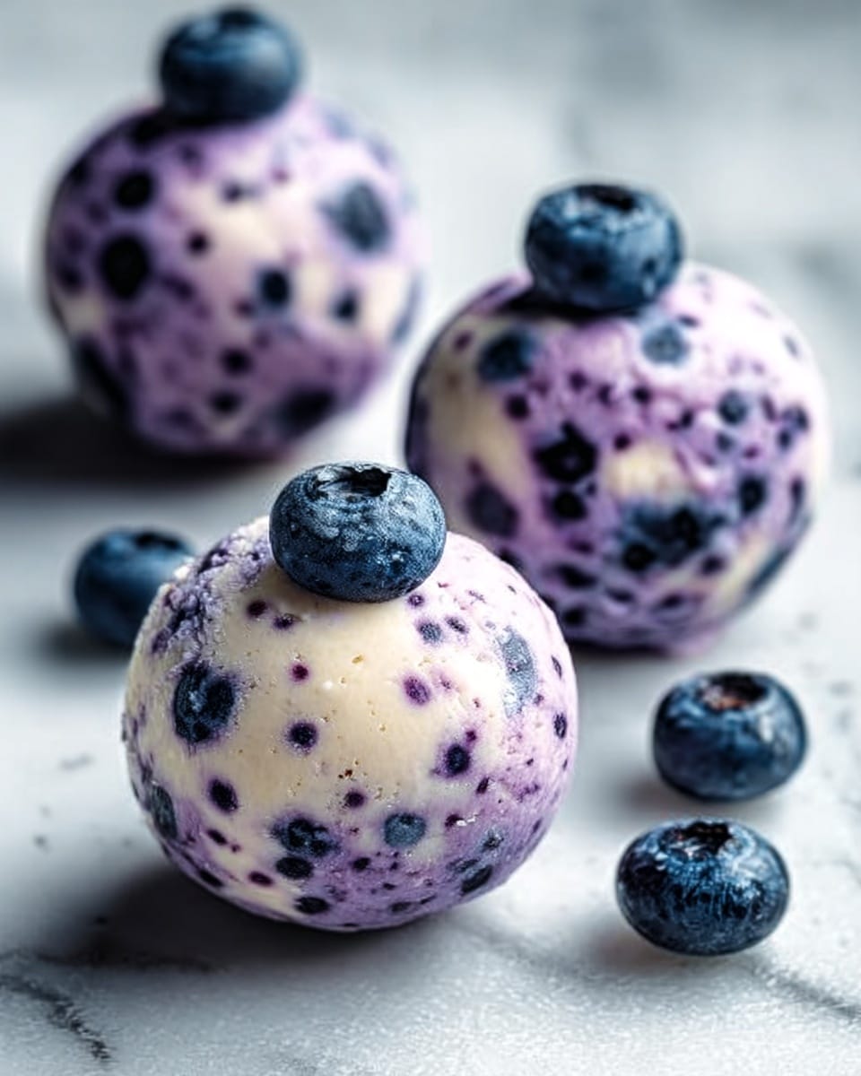 The image shows three round dessert balls with a smooth, creamy texture and a mix of light cream and purple colors, speckled evenly with small dark purple and black dots. Each ball is topped with a single fresh blueberry, adding contrast with its deep blue color and slightly shiny surface. Around the dessert balls, there are a few loose blueberries scattered on a white marbled surface, giving a fresh and natural look. The overall lighting is soft, highlighting the texture and colors of the dessert and blueberries. photo taken with an iphone --ar 4:5 --v 7