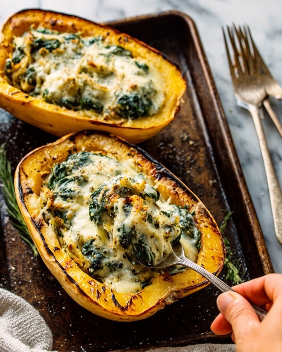 The image shows two halves of a roasted squash filled with a creamy spinach and cheese mixture. The squash skin is golden-brown and slightly crispy, while the filling is creamy white with bright green spinach pieces and melted, slightly browned cheese on top. A spoon is scooping some stuffing from one of the halves, held by a woman's hand, all placed on a dark baking tray. The background surface is a white marbled texture with a folded towel and a fork nearby. Photo taken with an iphone --ar 4:5 --v 7