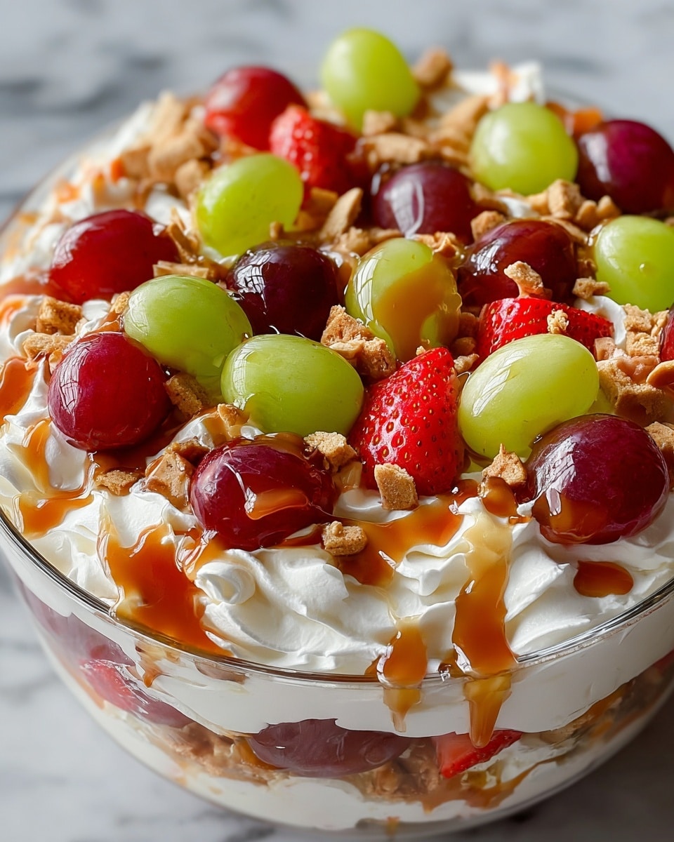 The image shows a round white plate filled with a layered dessert. The bottom layer looks like a soft cake or biscuit base, light brown in color. On top of that, there are thick white cream layers arranged unevenly with smooth texture. Fresh strawberries, halved, are scattered on top along with whole red and green grapes. There is a drizzle of shiny caramel sauce poured over the fruit and cream. Small crumbs or crushed nuts are sprinkled lightly around the surface, adding texture. Fresh green mint leaves are placed as garnish around the edges. The dessert looks fresh and colorful with a mix of smooth, creamy, juicy, and crunchy textures. Photo taken with an iphone --ar 4:5 --v 7