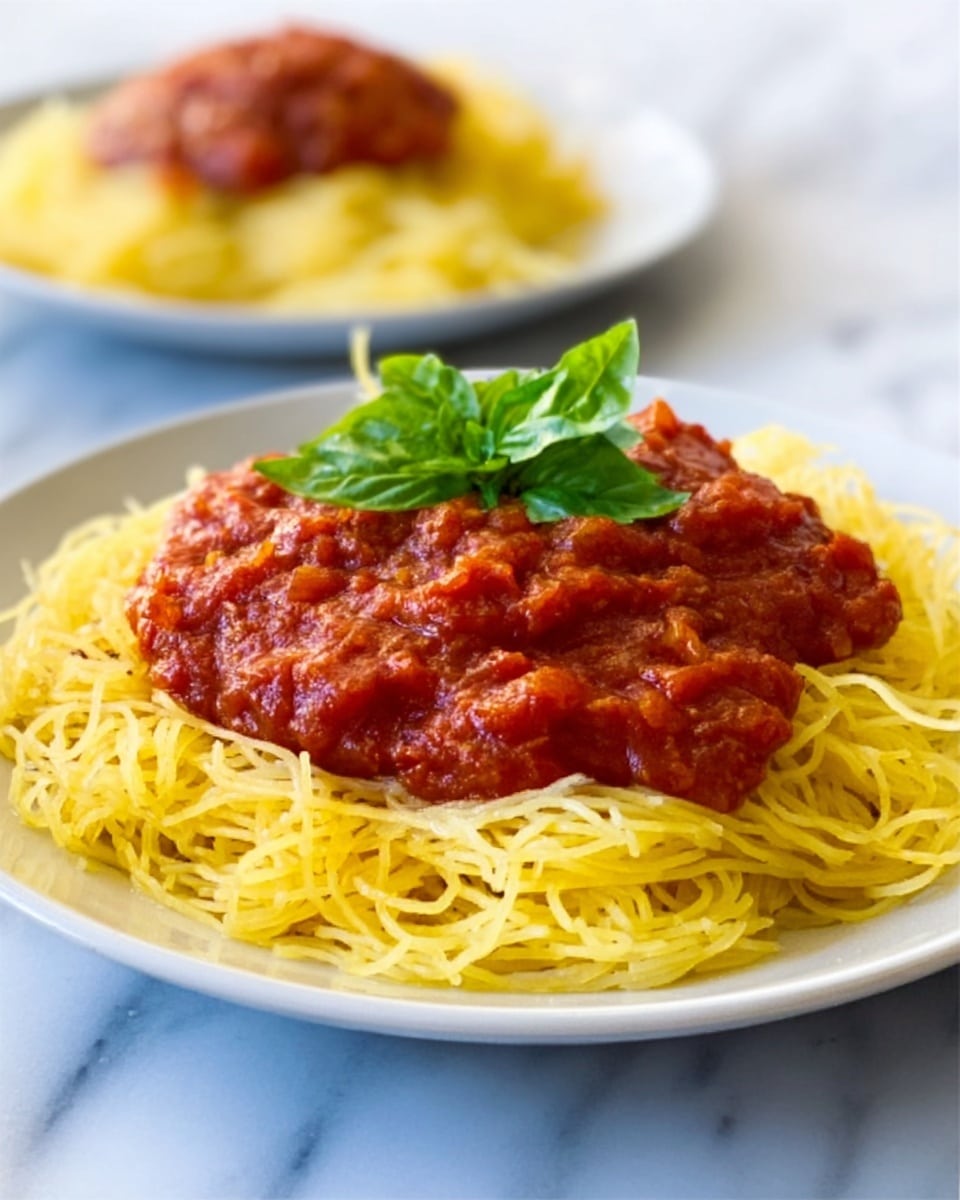 A white plate holds a nest of light yellow noodles with a soft, fine texture, topped with a generous layer of thick, rich red tomato sauce that has visible chunks of tomatoes and herbs. A bright green basil leaf garnish sits on the center of the sauce, adding a fresh pop of color. In the background, another identical plate is slightly blurred on a white marbled surface. Photo taken with an iphone --ar 4:5 --v 7