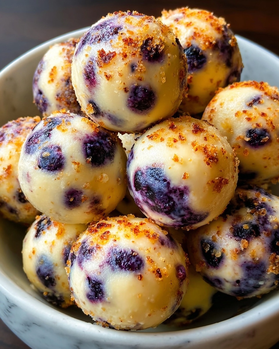 A close-up image of a bowl filled with round, golden-brown cheese balls mixed with whole blueberries. Each ball is about the size of a large marble, with a creamy white base speckled with bright blue and purple blueberry spots. The tops are unevenly browned, showing a slightly crispy and textured layer with small crunchy bits, creating contrast with the smooth, soft inside. The bowl is white with a slightly speckled texture, set against a white marbled background. Photo taken with an iphone --ar 4:5 --v 7