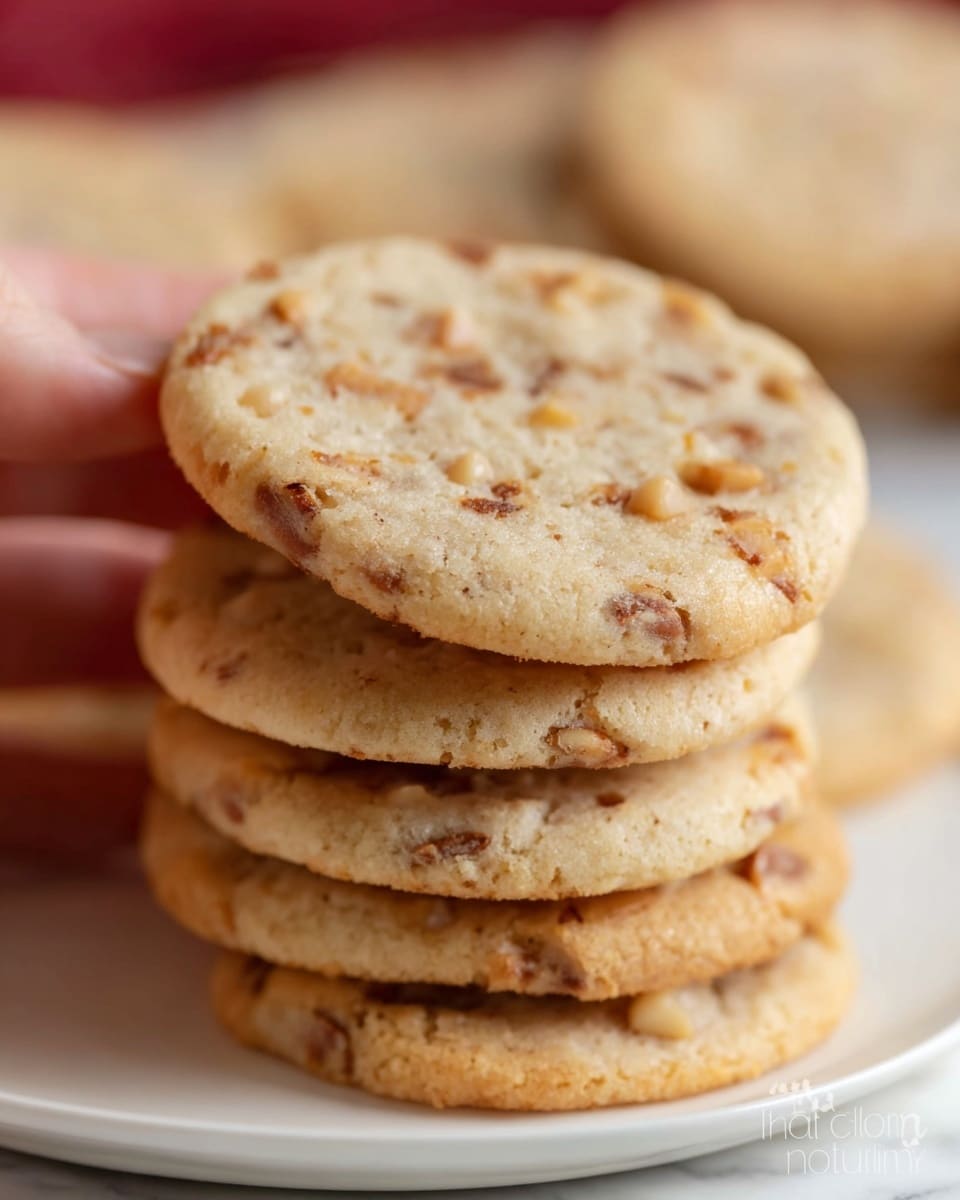A close-up view of a stack of light golden brown cookies with a soft texture and visible small chunks of nuts or caramel pieces scattered throughout. The top cookie is held upright by a woman's hand, showing the round shape and slightly uneven surface with a mix of light and darker brown spots indicating baked bits inside. The cookies are placed on a white plate against a soft, blurred clean background on a white marbled surface. photo taken with an iphone --ar 4:5 --v 7