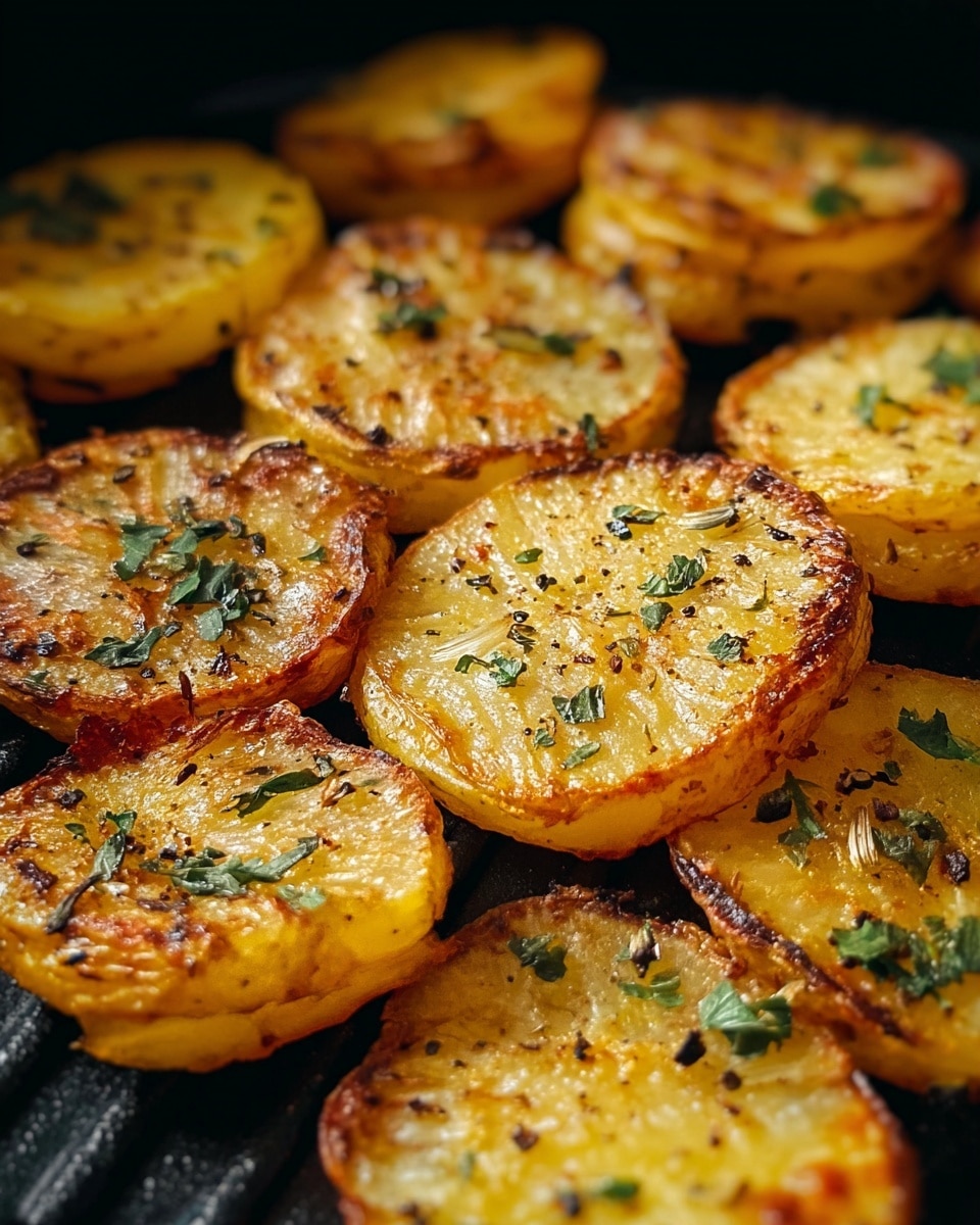Close-up view of several golden roasted potato slices arranged closely on a black grill tray. Each potato slice has a crispy, browned edge with a soft textured yellow center, sprinkled with small green herb flakes and black pepper pieces. The potato slices vary slightly in thickness, showing a mix of flat and slightly curled edges. The scene is sharp and detailed, focusing on the textured surface of the cooked potatoes. The background is blurred black, drawing attention to the stacked potato slices. Photo taken with an iphone --ar 4:5 --v 7