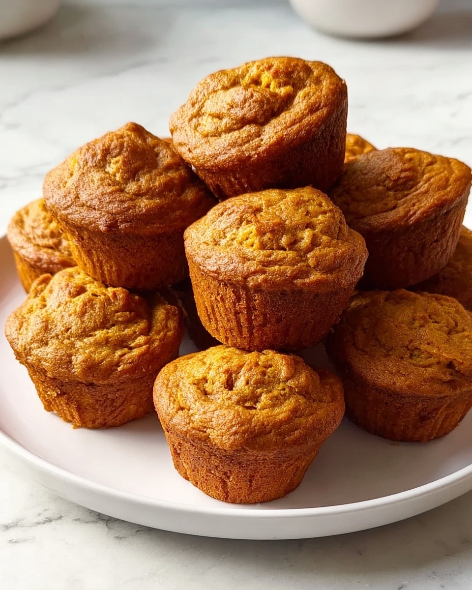A white plate filled with a pile of nine golden-brown muffins, each muffin with a slightly cracked, textured top showing the softness inside. The muffins have a rough, handmade look and are stacked closely together in an uneven heap, with some muffins resting on others. The plate sits on a white marbled surface that adds subtle light gray patterns in the background. The muffins have warm orange and brown tones, giving a fresh baked, cozy feeling. photo taken with an iphone --ar 4:5 --v 7