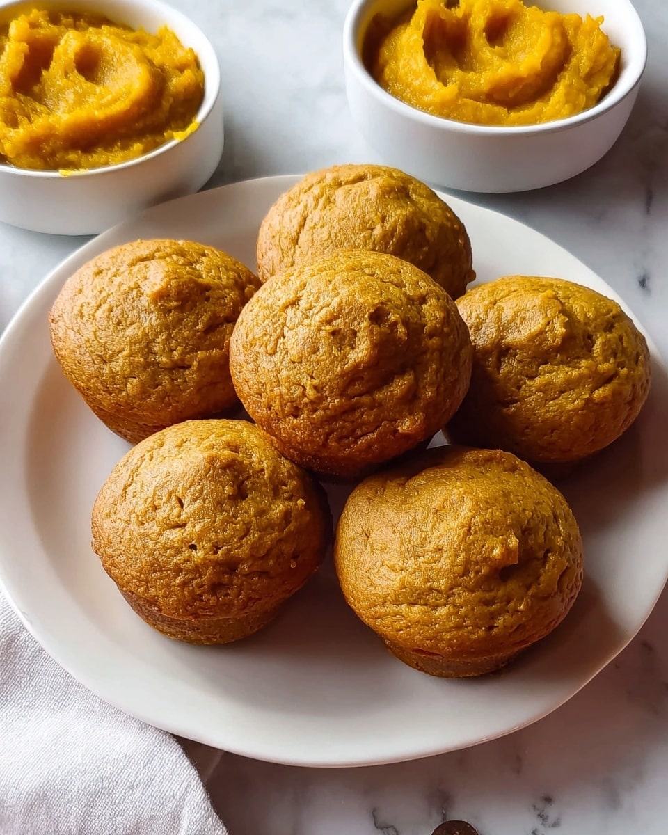 A white plate holds five round muffins with a golden brown color and a slightly rough texture on top, showing small cracks and a soft, moist surface. Around the plate are two white ramekins filled with thick, bright orange puree, placed on a white marbled surface with a white napkin nearby. The photo is close-up, showing the warm and fresh look of the muffins and the smooth, rich texture of the puree. photo taken with an iphone --ar 4:5 --v 7