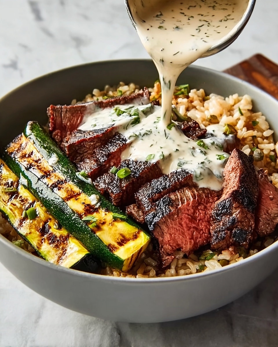 A bowl filled with four main layers: at the bottom, a base of brown rice with a slightly rough texture, followed by thick slices of seared steak showing a mix of dark charred edges and reddish-pink centers. Alongside the steak lie three grilled zucchini strips with dark brown grill marks over bright green and yellow flesh. Creamy white sauce with green herbs is being poured over the middle, partially covering the steak and rice. The bowl is white and sits on a white marbled texture surface. Photo taken with an iphone --ar 4:5 --v 7