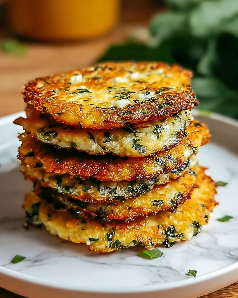A stack of five golden brown, crispy pancakes with visible green herbs and white cheese bits spread throughout each layer, showing a slightly uneven, textured surface with some crunchy edges. The pancakes are arranged in the center of a white plate, placed on a white marbled surface. The background is softly blurred with a yellowish-brown tone and some green leaves visible, making the pancakes stand out clearly. photo taken with an iphone --ar 4:5 --v 7