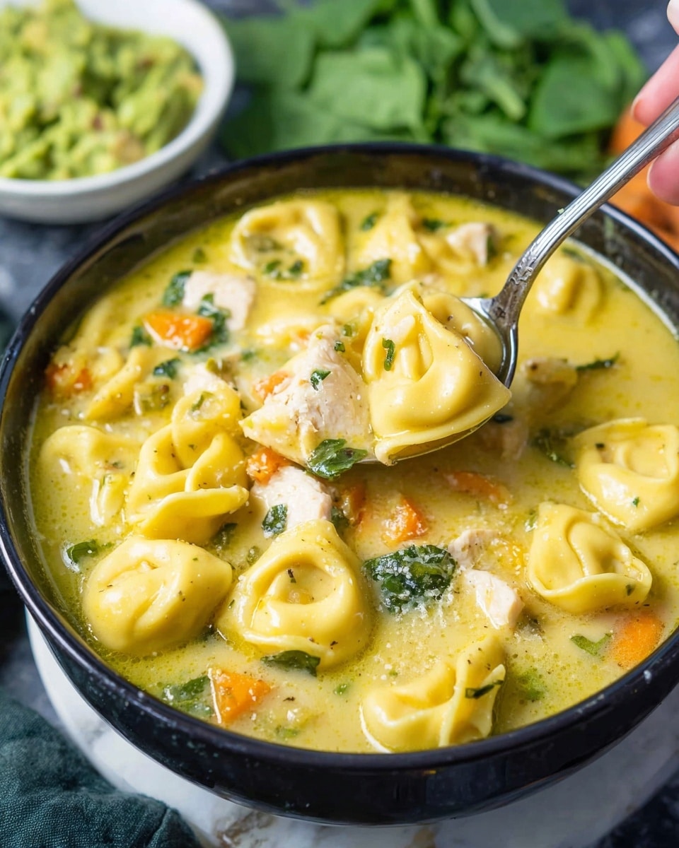 A black bowl is filled with creamy yellow soup that has tortellini pasta floating on top, showing their smooth, slightly folded shapes. There are small pieces of white chicken and orange carrot bits mixed throughout the soup, with some green herbs adding texture and color. Next to the bowl, there is a small white bowl with green pesto, fresh green basil leaves, and a piece of pale yellow cheese. The bowl and ingredients are set on a white marbled surface with a light gray cloth nearby. photo taken with an iphone --ar 4:5 --v 7
